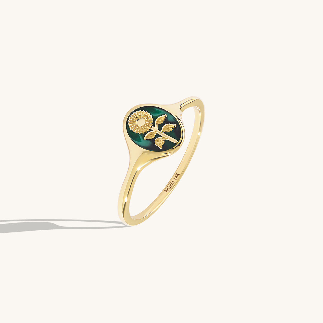 Solid Gold Calendula Flower Oval Signet Ring - Green Enamel
