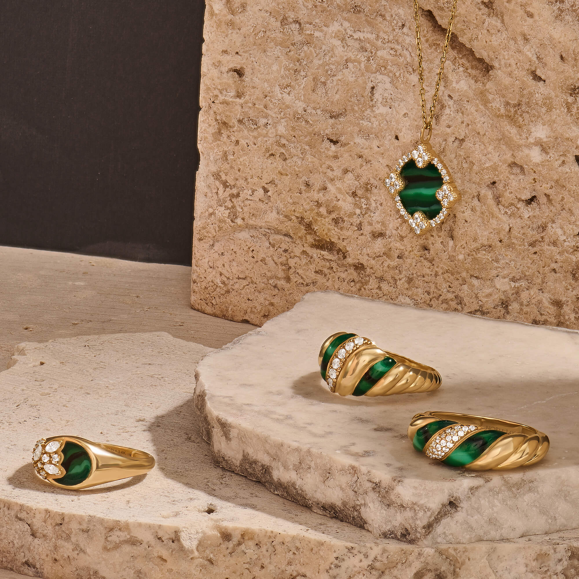 14K Real Gold Green Detailed Pave Croissant Ring