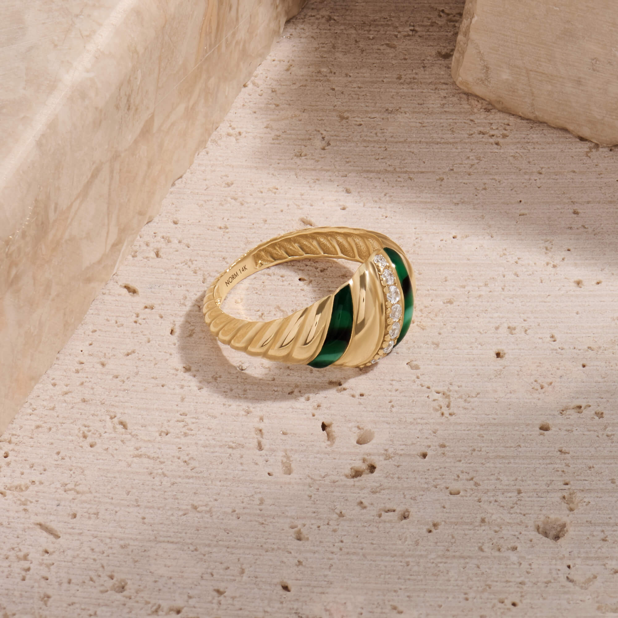 14K Real Yellow Gold Green Detailed Pave Croissant Ring