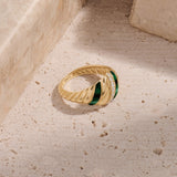 14K Real Yellow Gold Green Detailed Pave Croissant Ring