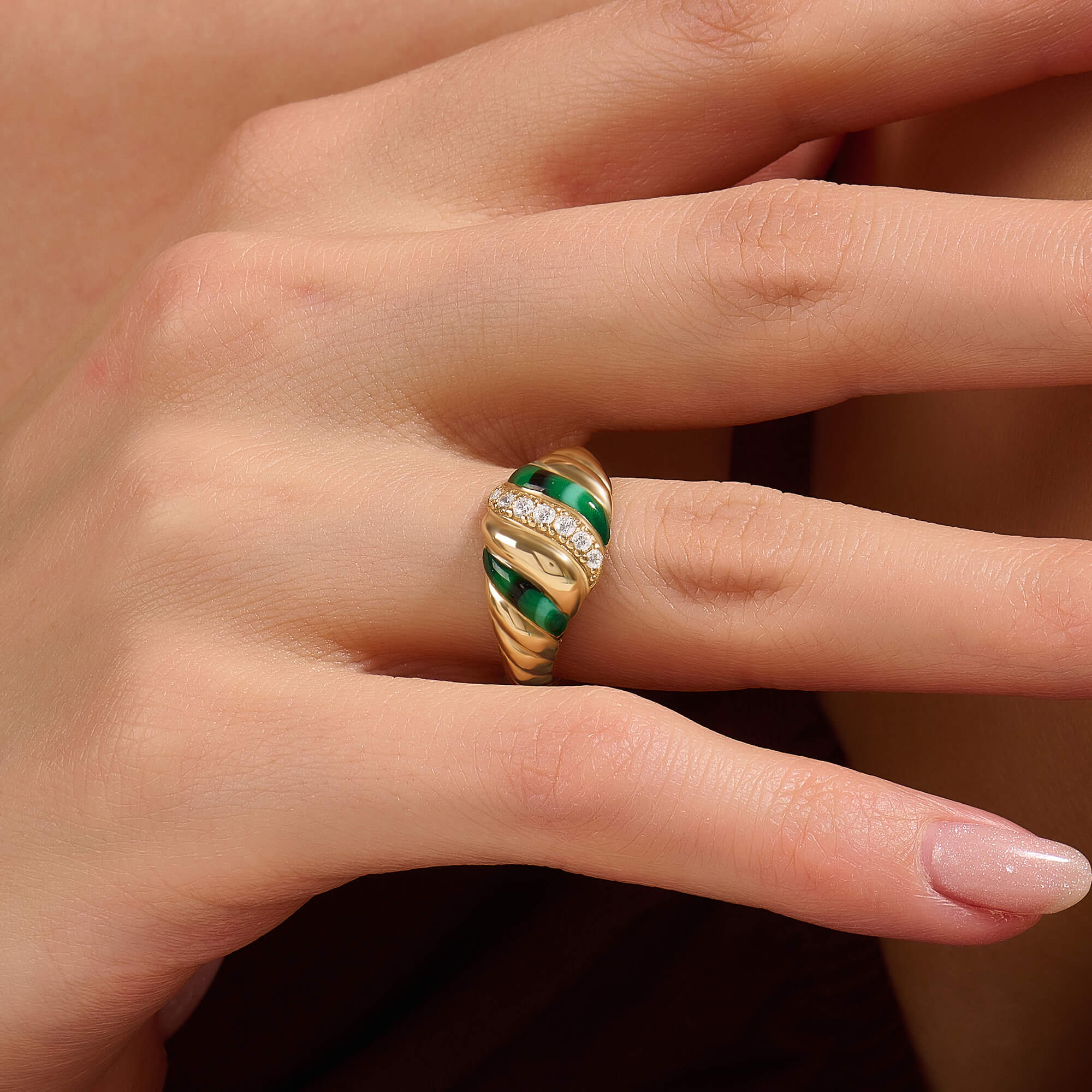 14K Solid Gold Green Detailed Pave Croissant Ring