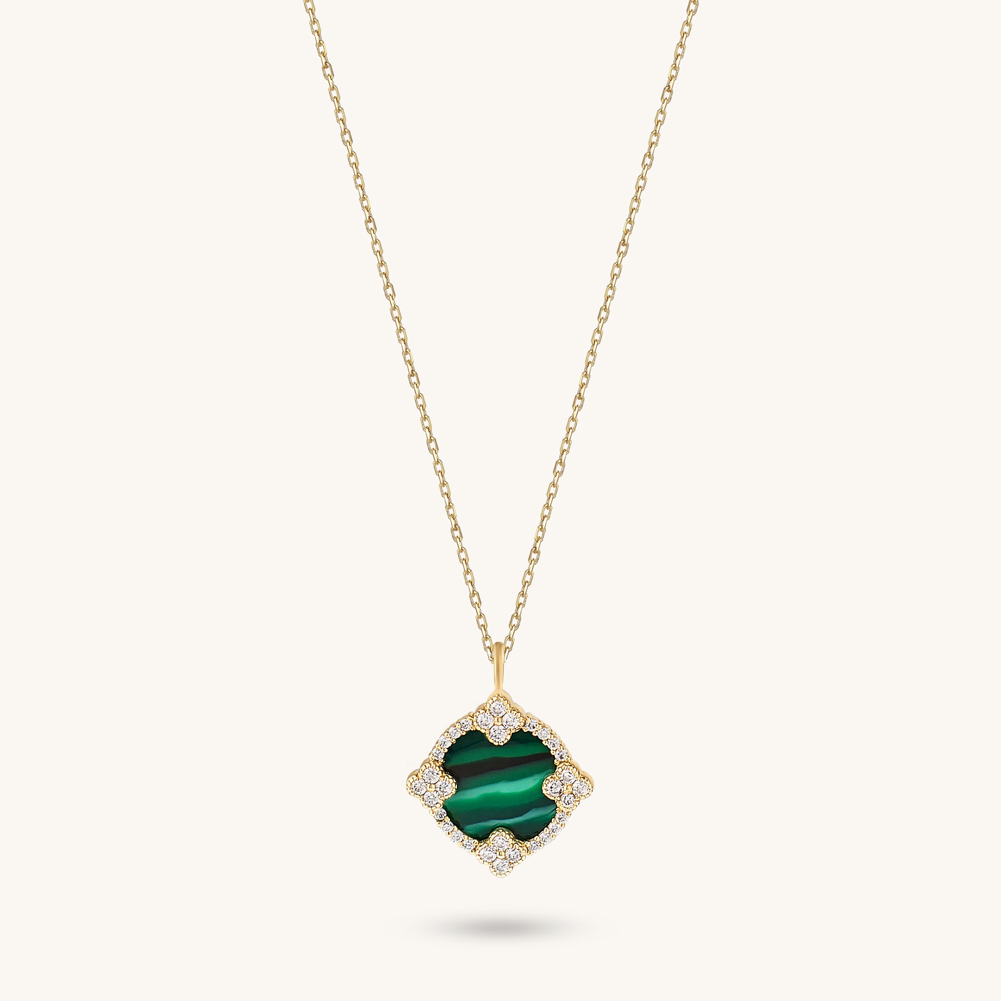 14K Real Gold Green Enamel Medal Necklace with CZ Shamrocks