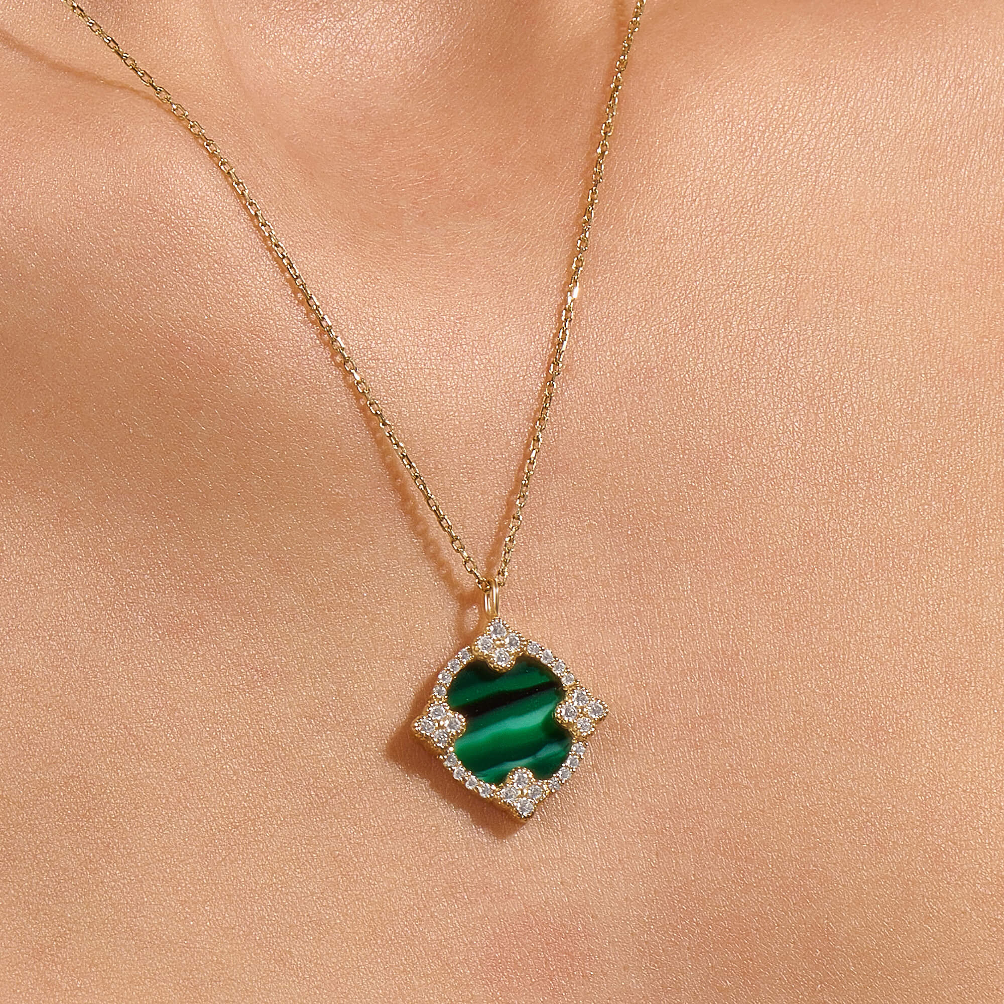 14K Solid Gold Green Enamel Necklace with CZ Shamrocks