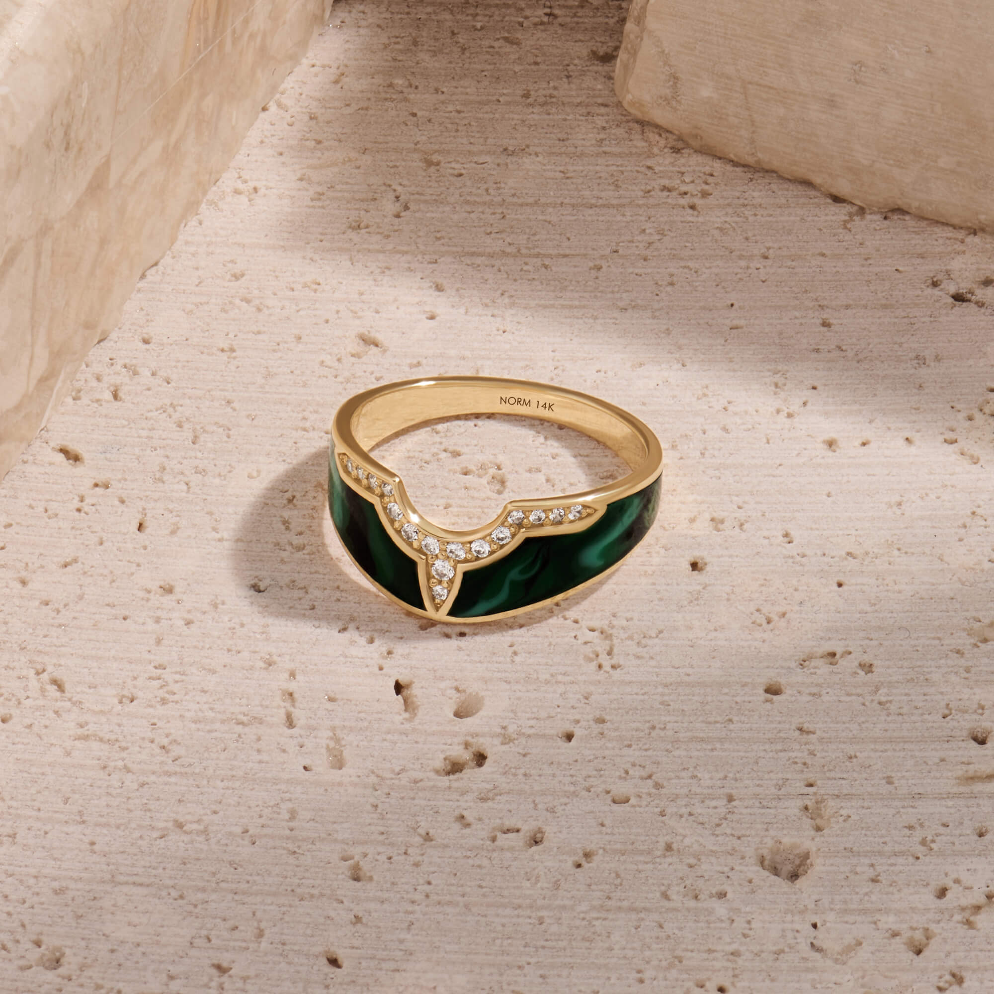 Green Enamel Tiara Band Ring in Real 14K Gold