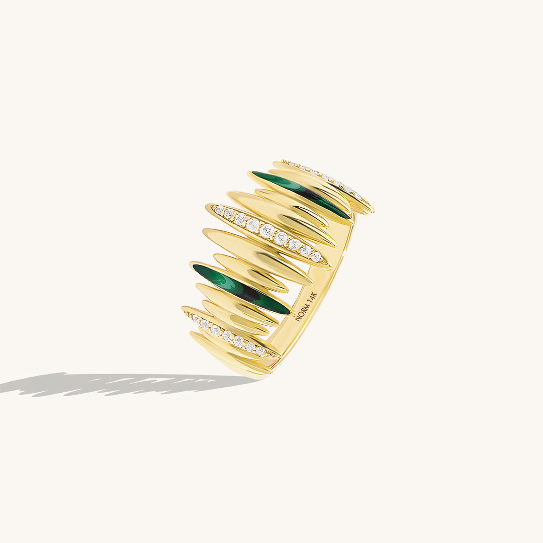 14K Real Gold Green Enamel and CZ Pave Line Statement Ring