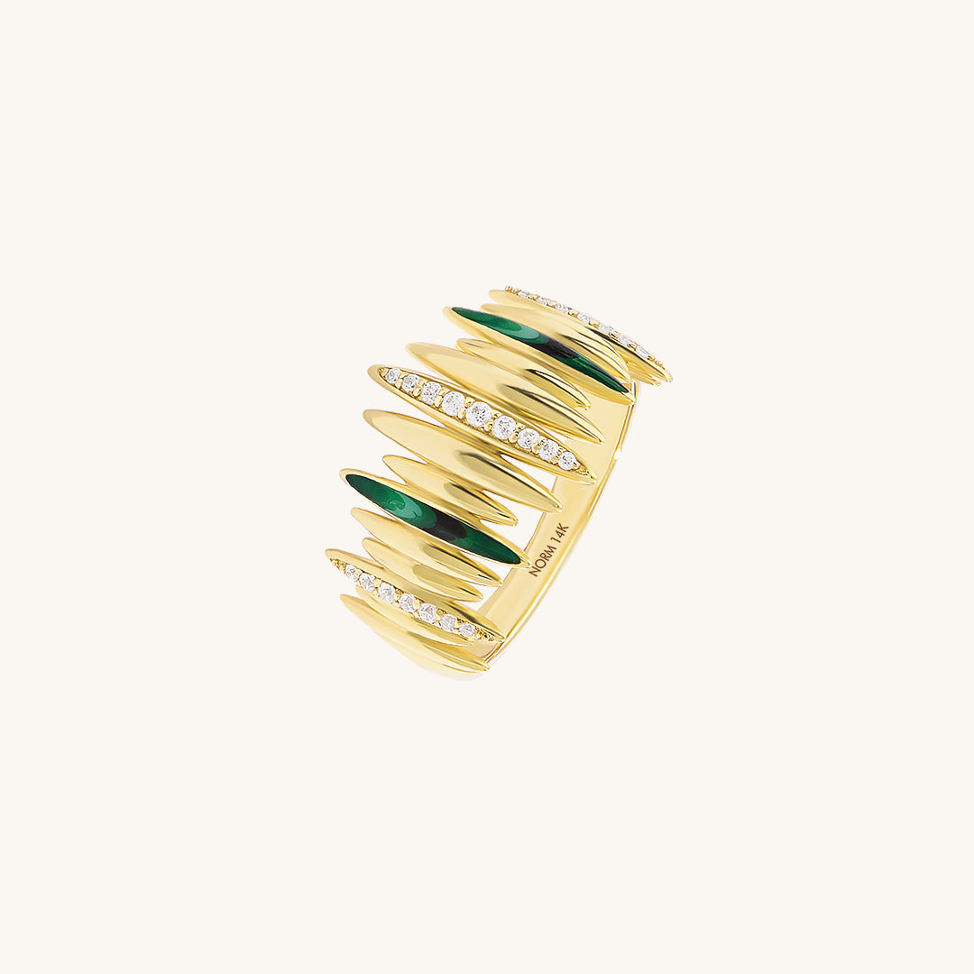 14K Real Yellow Gold Bold Designer Green Statement Ring