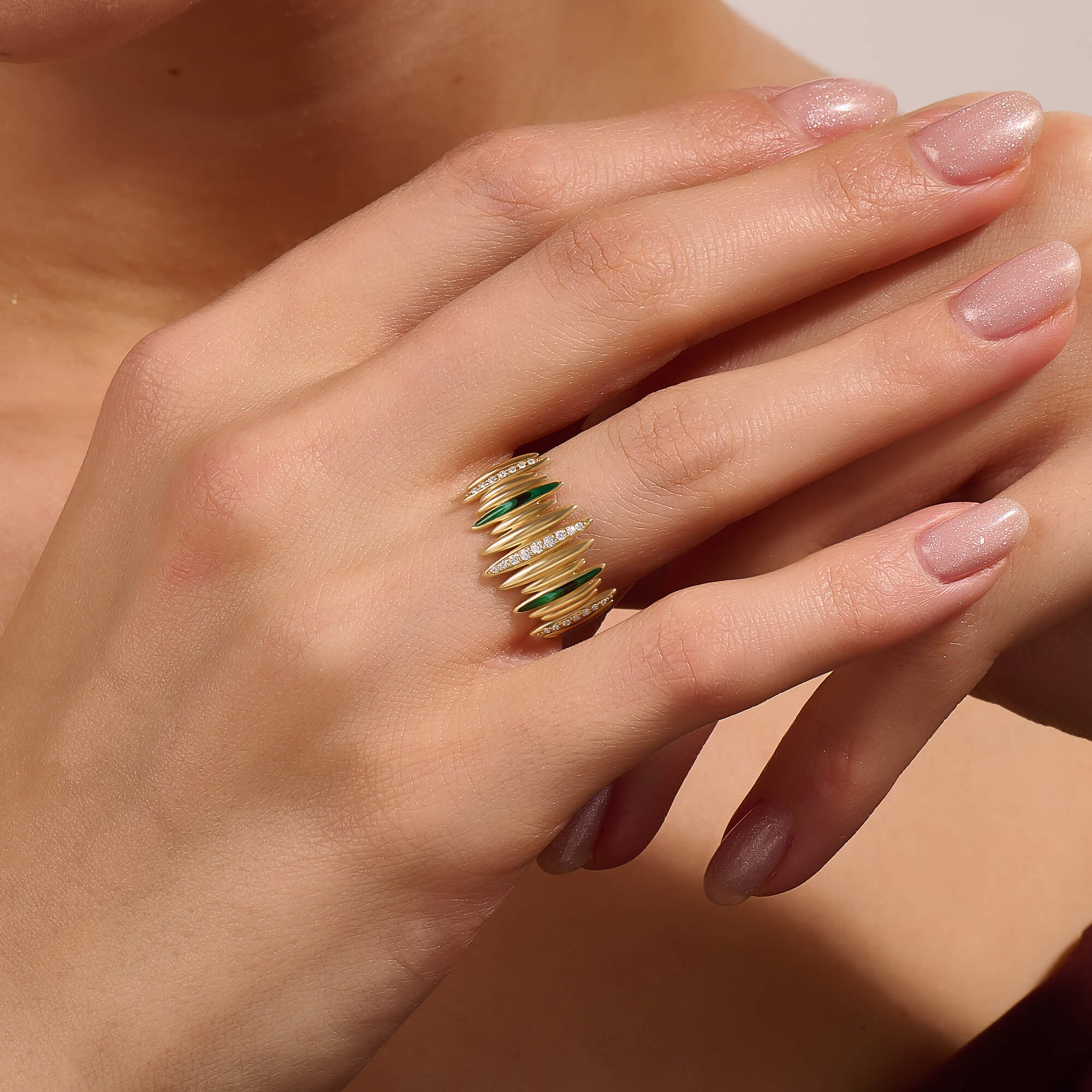 14K Solid Gold Green Enamel and CZ Pave Line Statement Ring