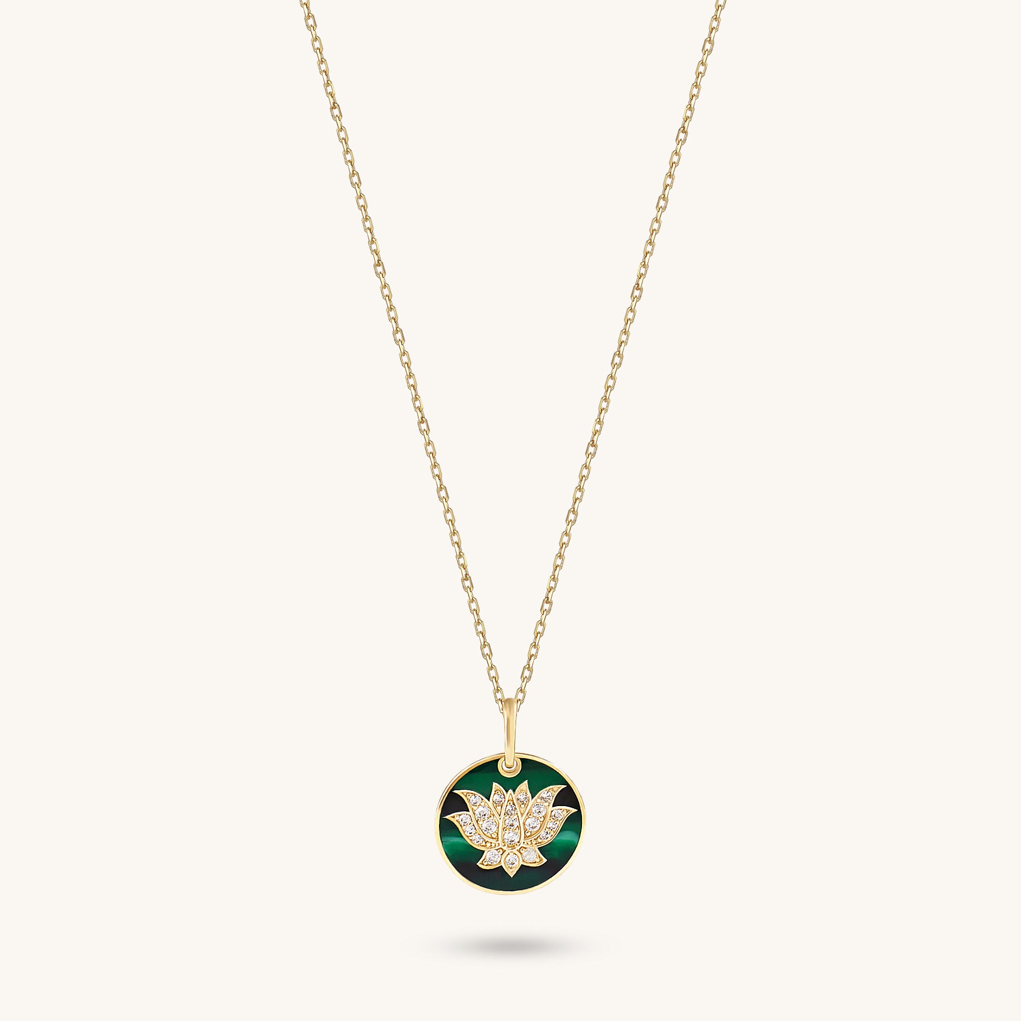 14K Real Gold Lotus Green Enamel Circle Necklace
