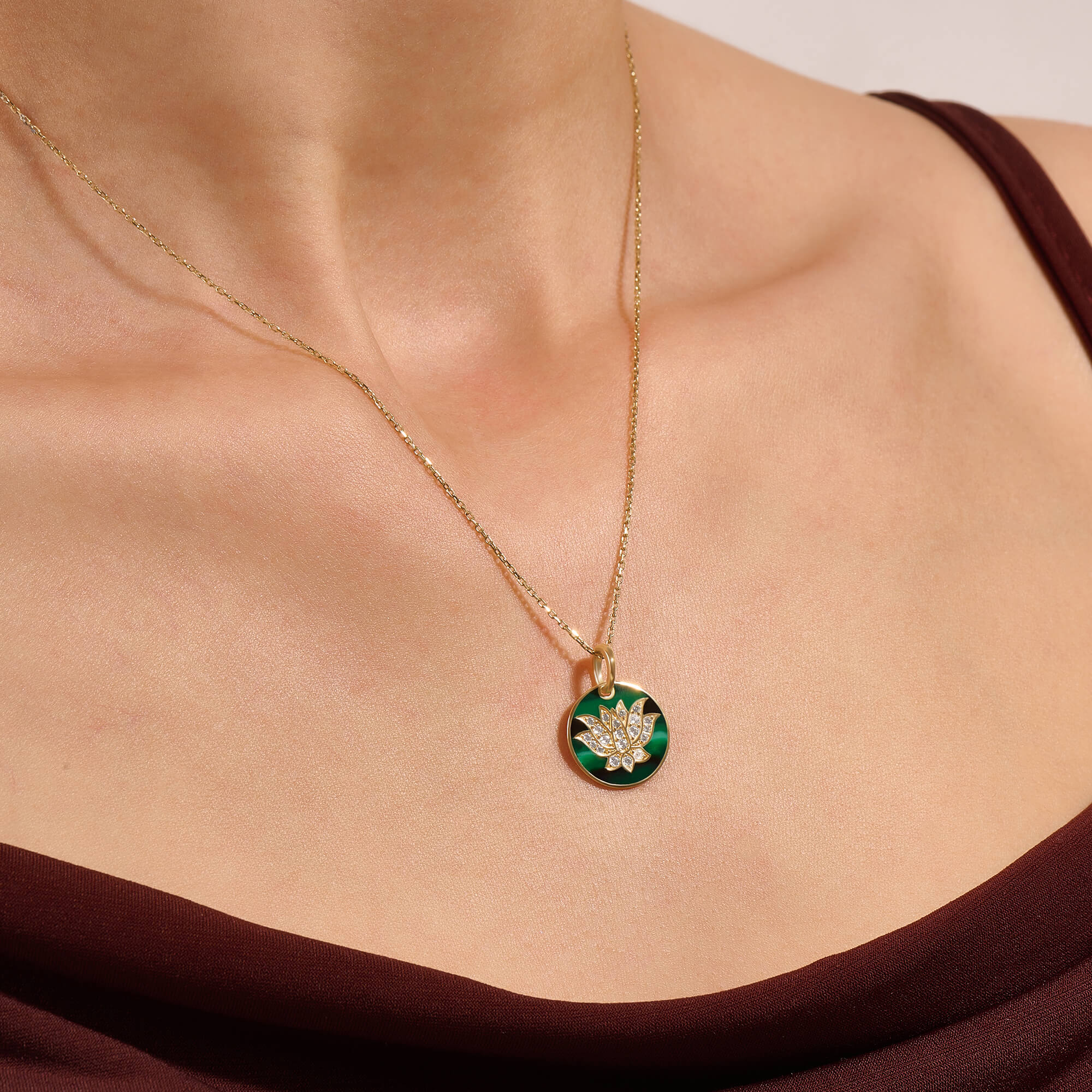 14K Real Gold Enamel Green Lotus Necklace
