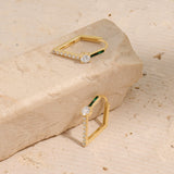 14K Real Gold CZ Solitaire Green Rhombus Earrings