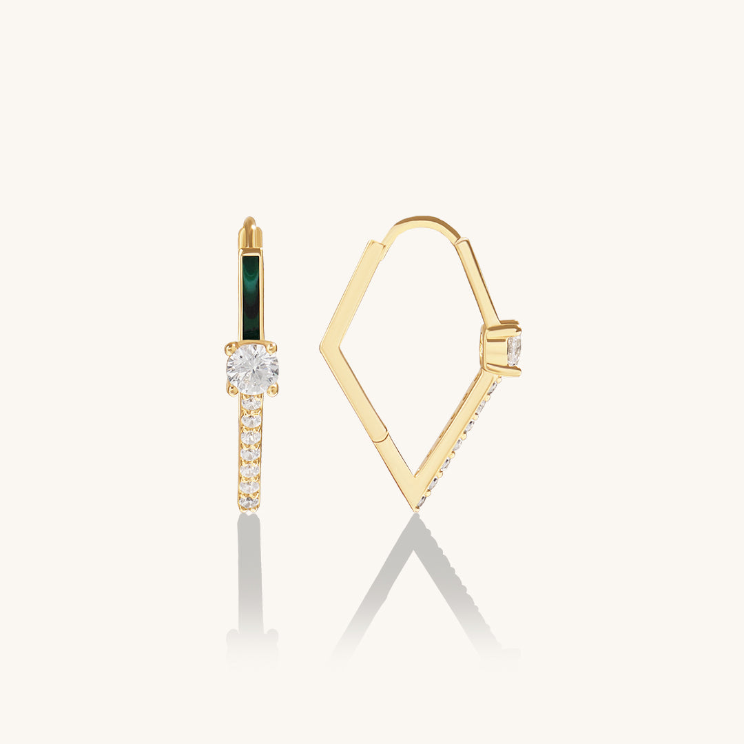14K Real Gold Rhombus Green Enamel Huggie Earrings
