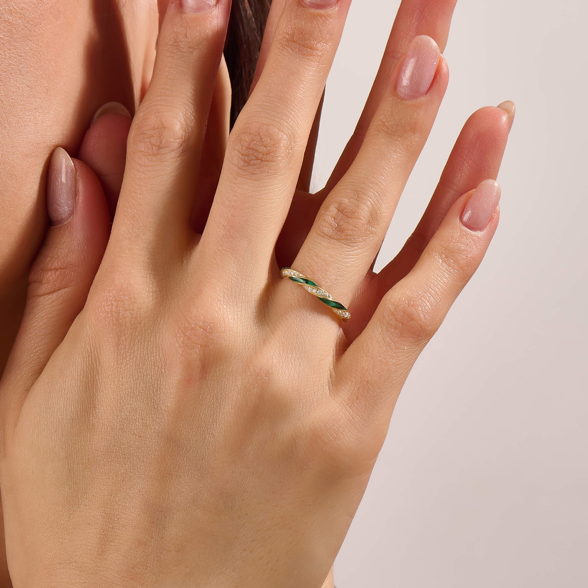 14K Real Yellow Gold Twisted Eternity Ring - Green Enamel & CZ Pave