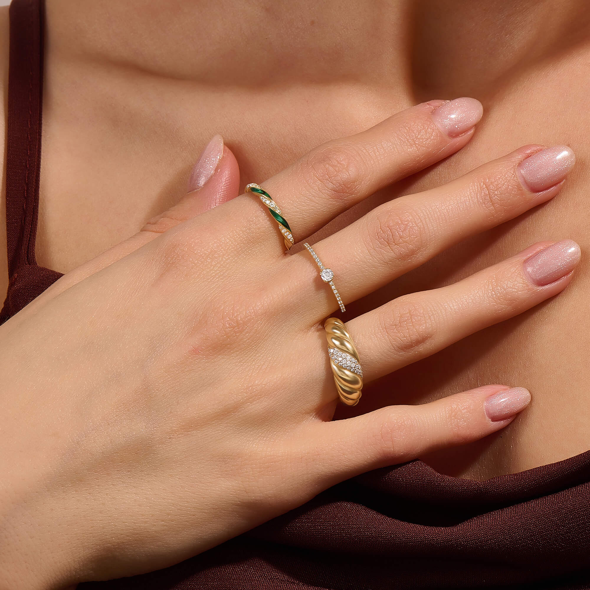 14K Real Yellow Gold Twisted Green Enamel and CZ Pave Stacking Ring