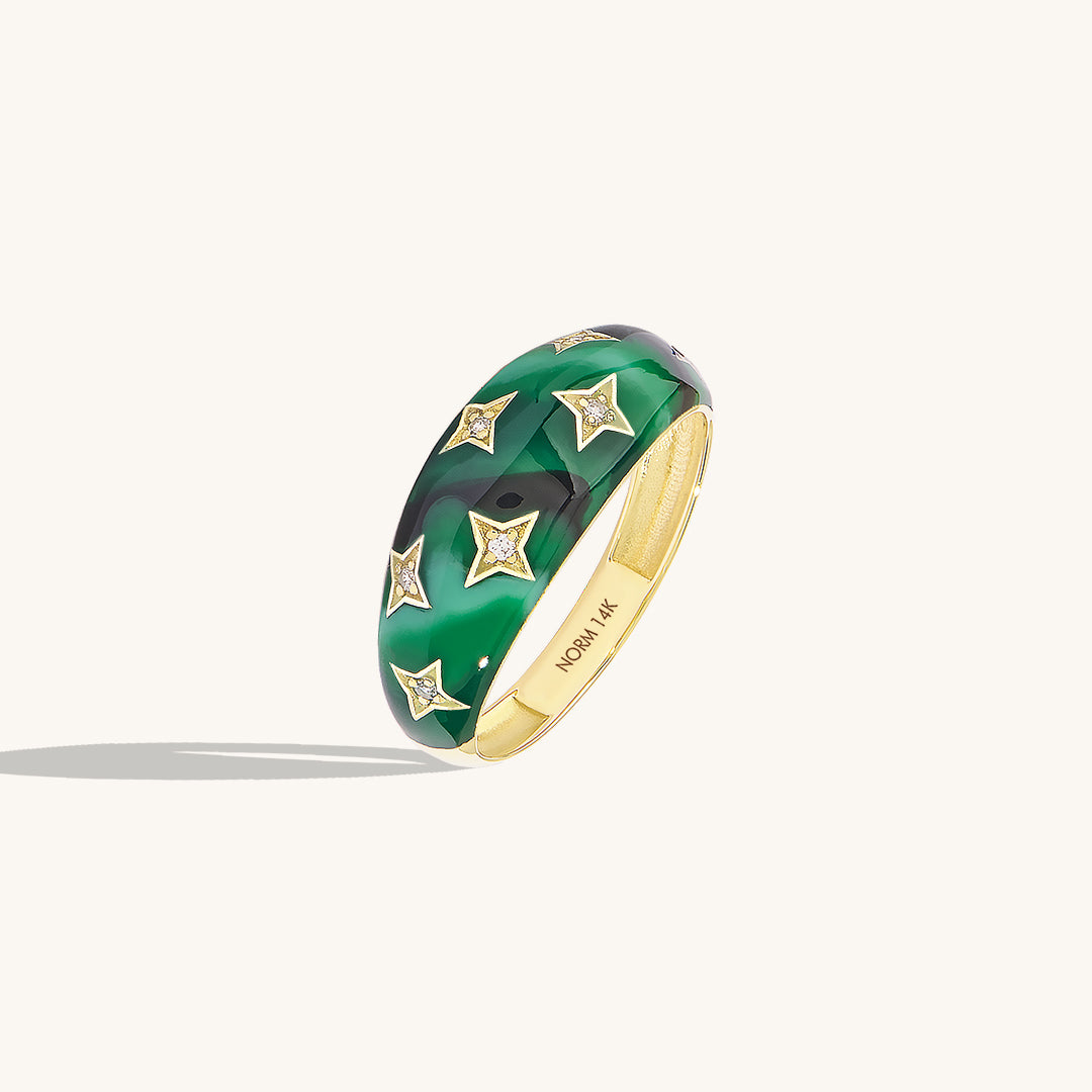 14K Real Yellow Gold Green Enamel Star Pave Pave Dome Ring