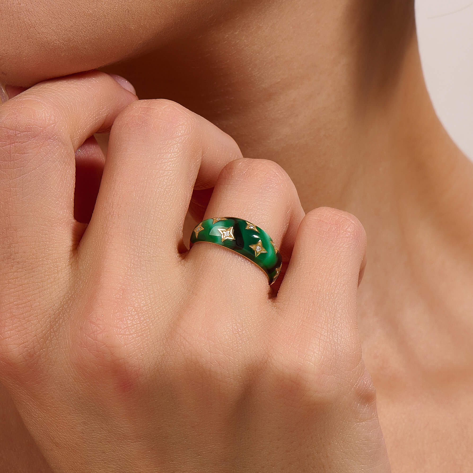 14K Real Gold Green Enamel Star Pave Pave Dome Ring