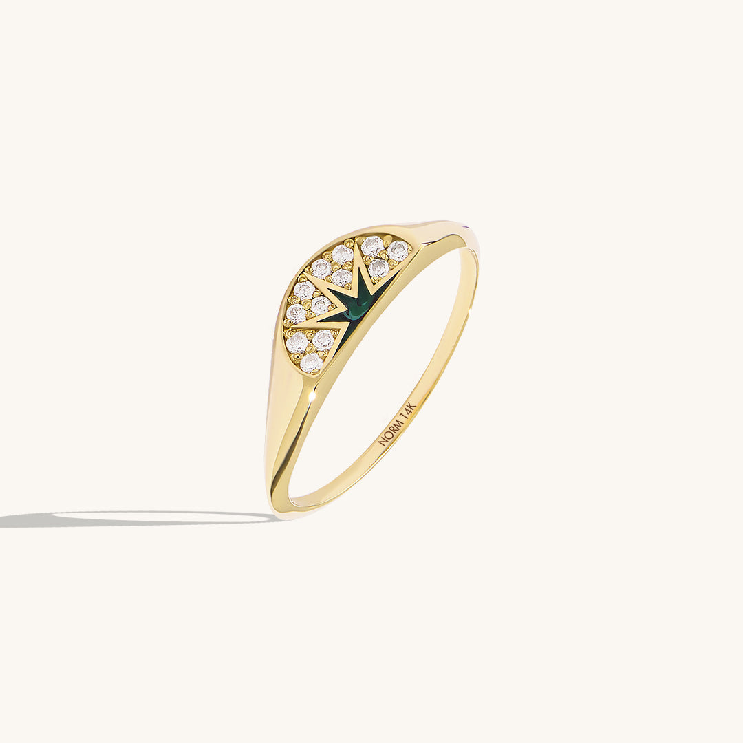 14K Solid Gold Green Sun Semicircle Signet Ring