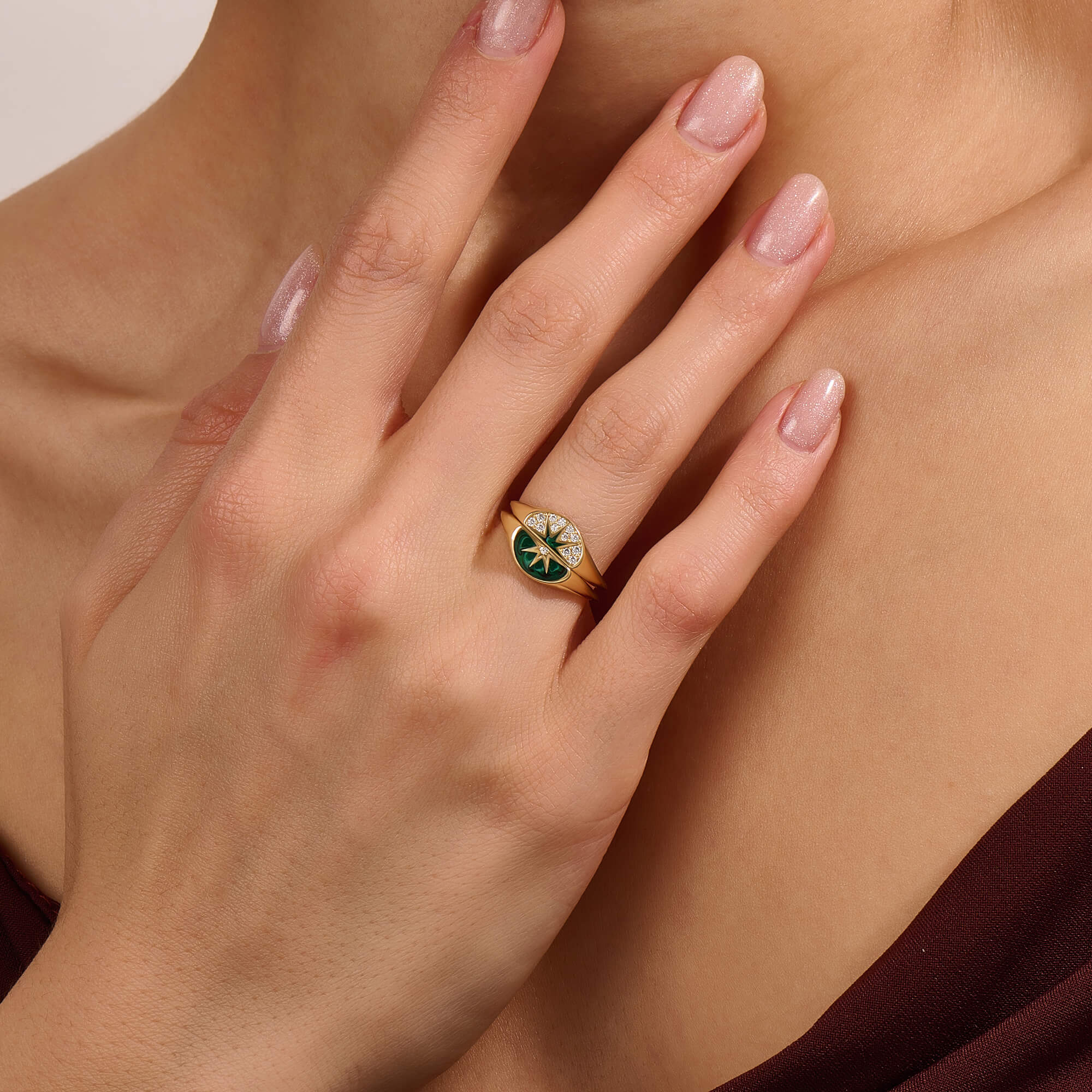 14K Real Gold Green Sun Half Signet Ring