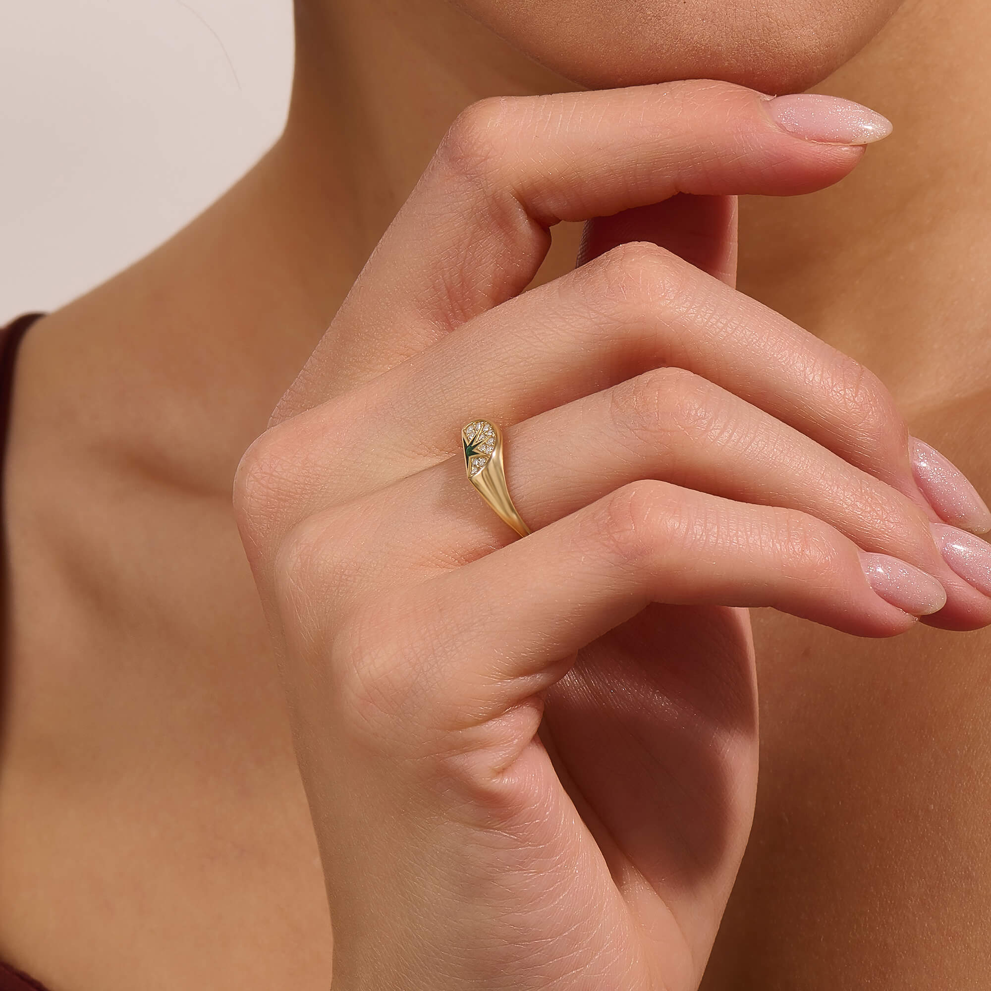 14K Solid Gold Green Sun Half Signet Ring