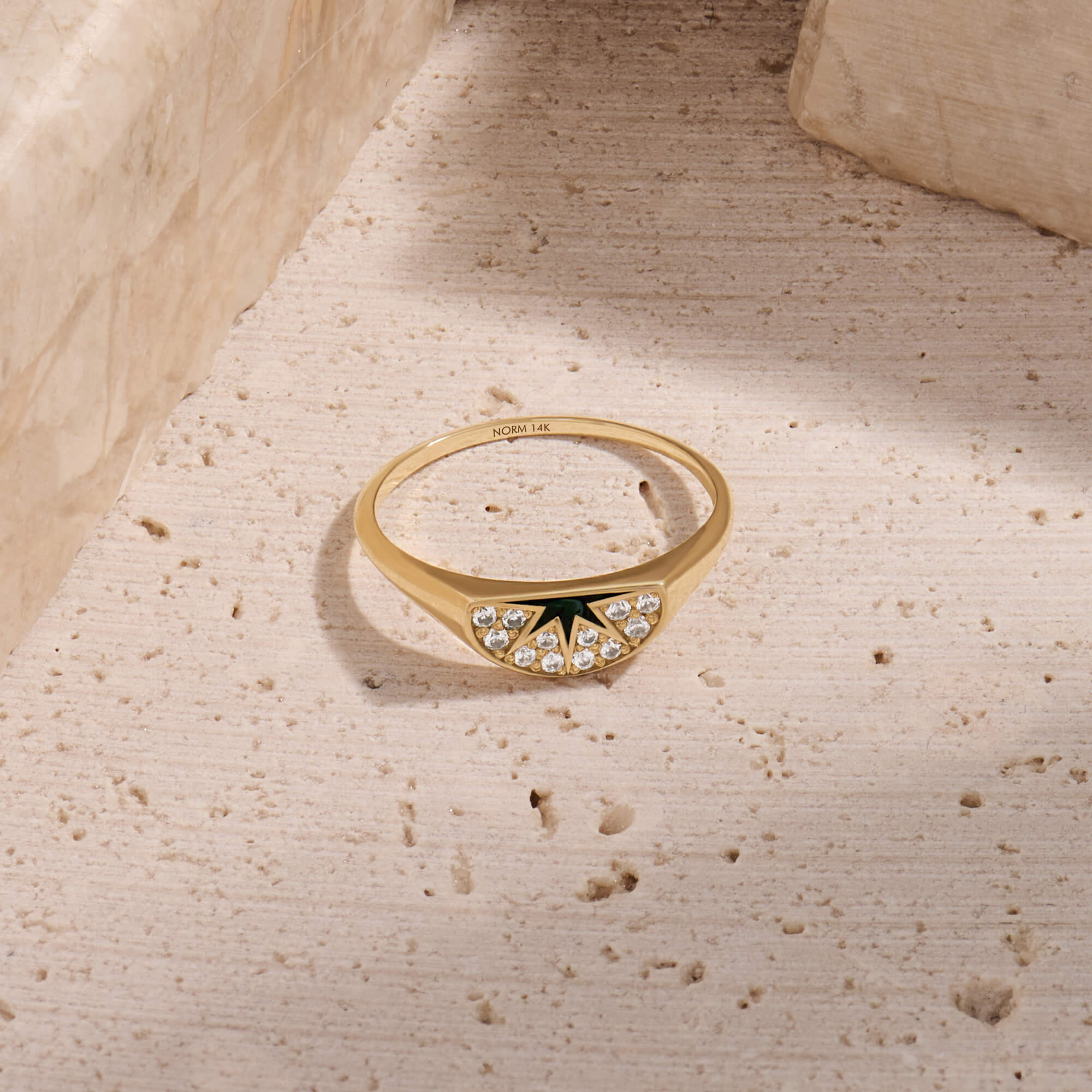 14K Real Yellow Gold Green Sun Half Signet Ring