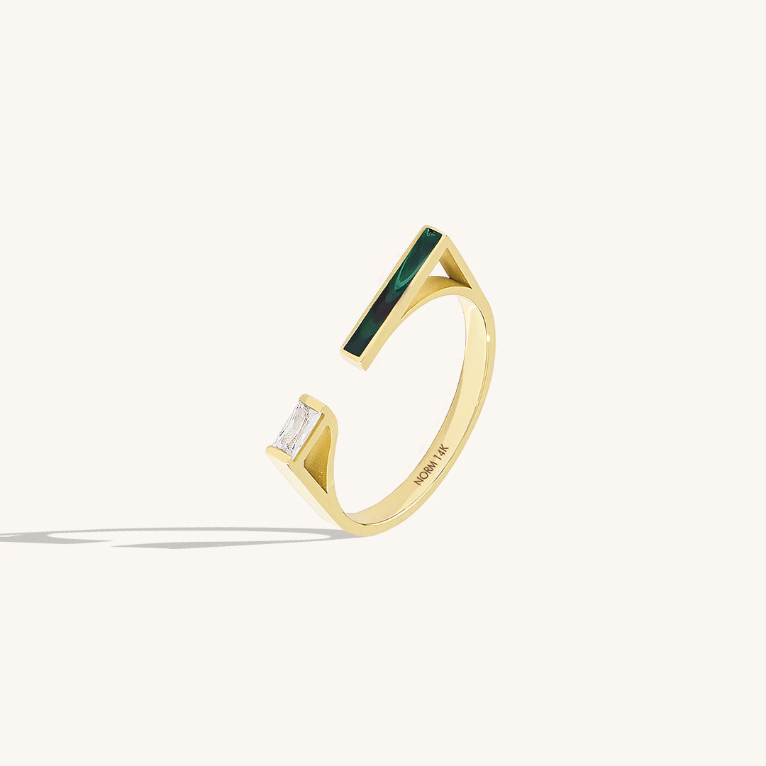 14K Solid Yellow Gold Green Enamel Bar Stacking Ring