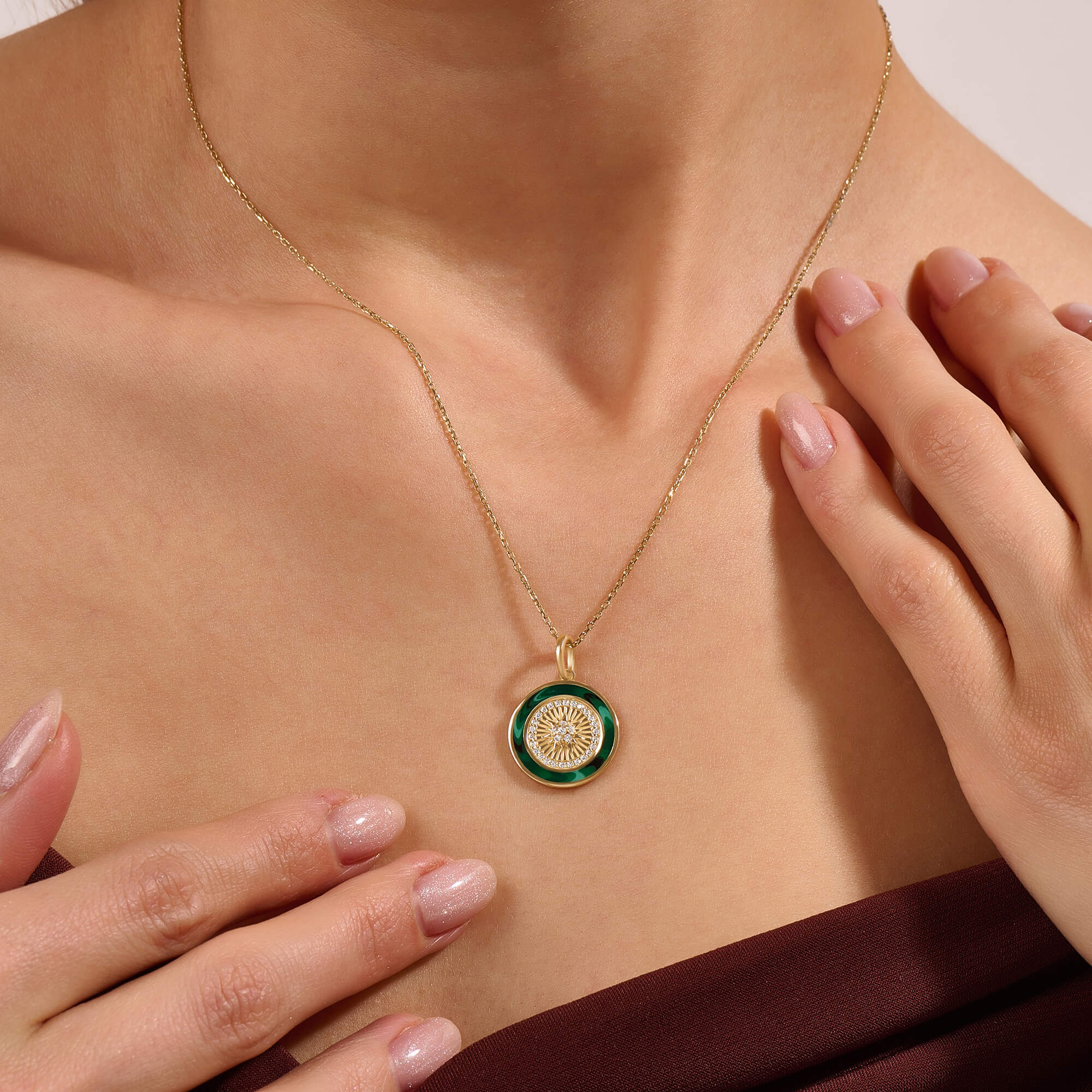 14K Solid Gold Green Sunburst Coin Necklace