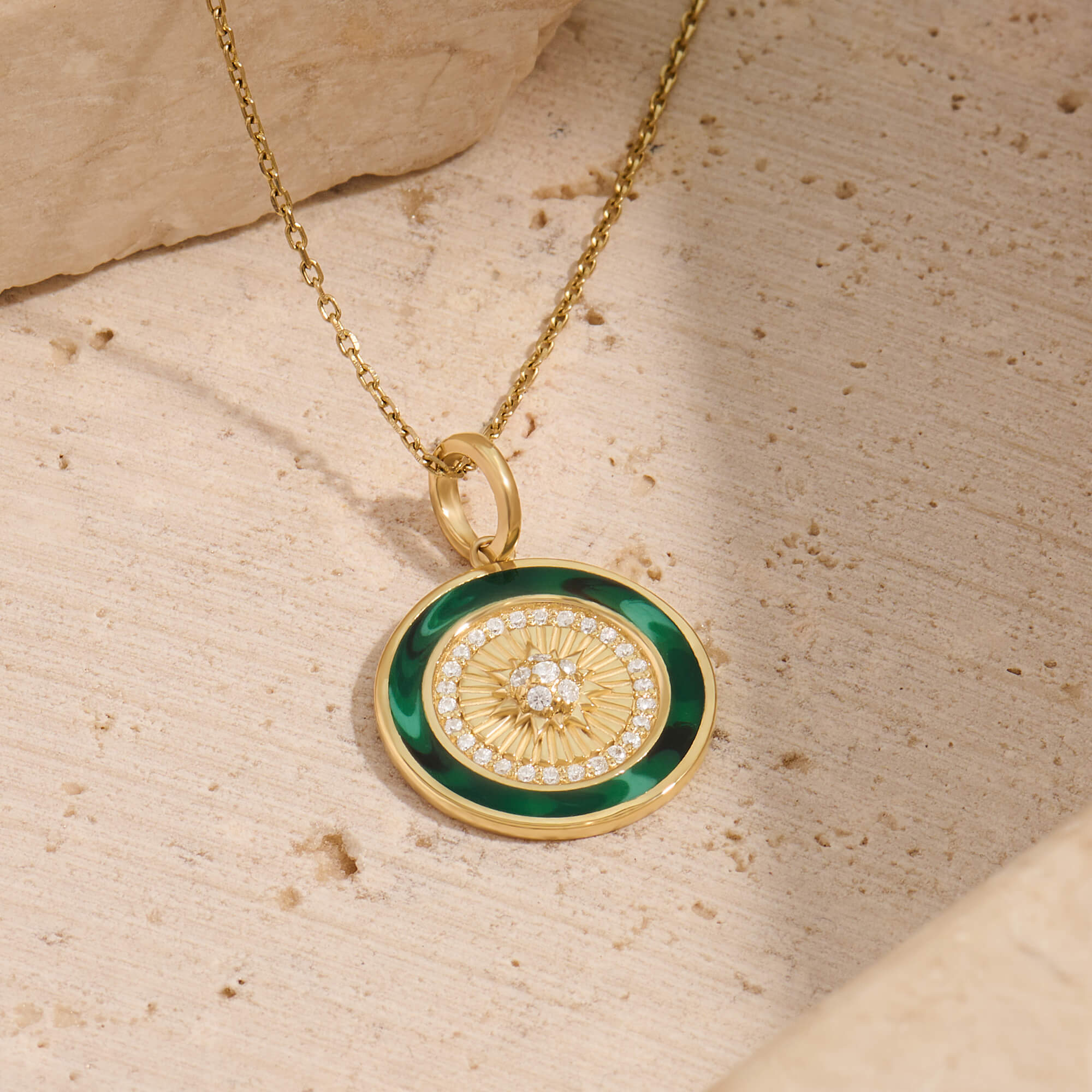 14K Real Yellow Gold Sunburst Coin Necklace - Green Enamel