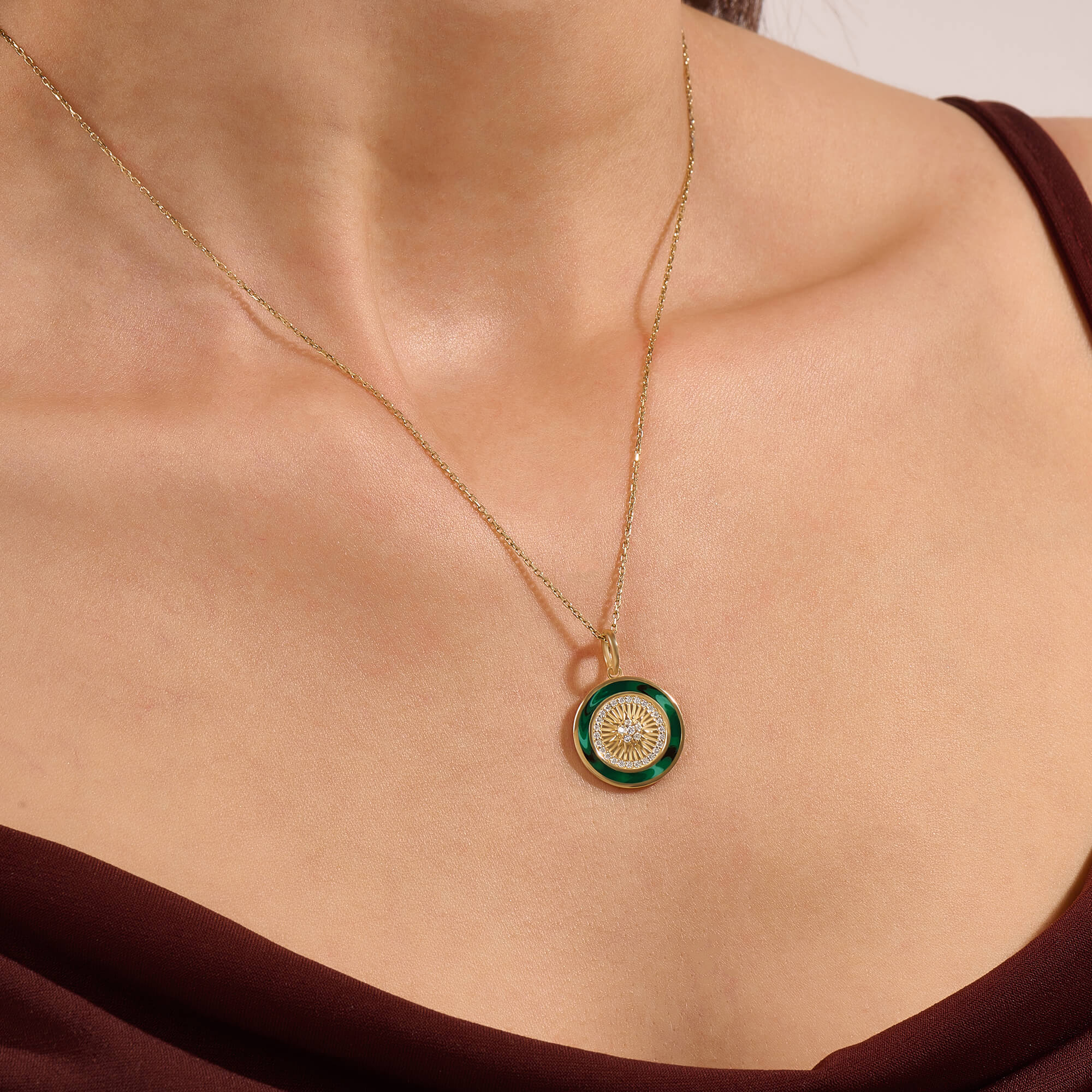 14K Real Gold Green Sunburst Coin Necklace