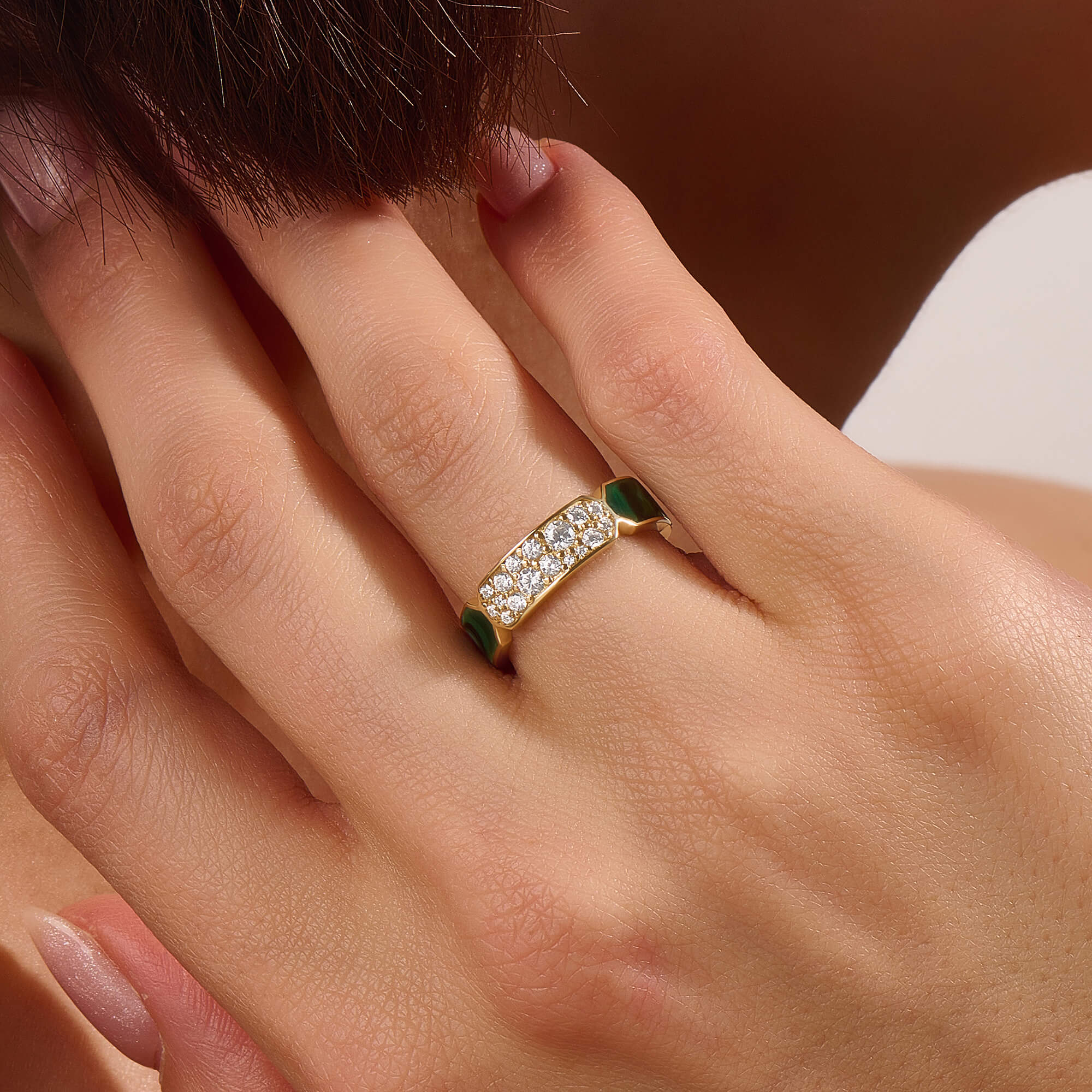 14k Real Yellow Gold Green Enamel and Pave Bold Band Ring