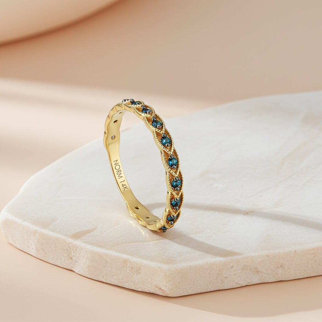 Solid Yellow Gold Blue Zirconia Premium Novella Ring