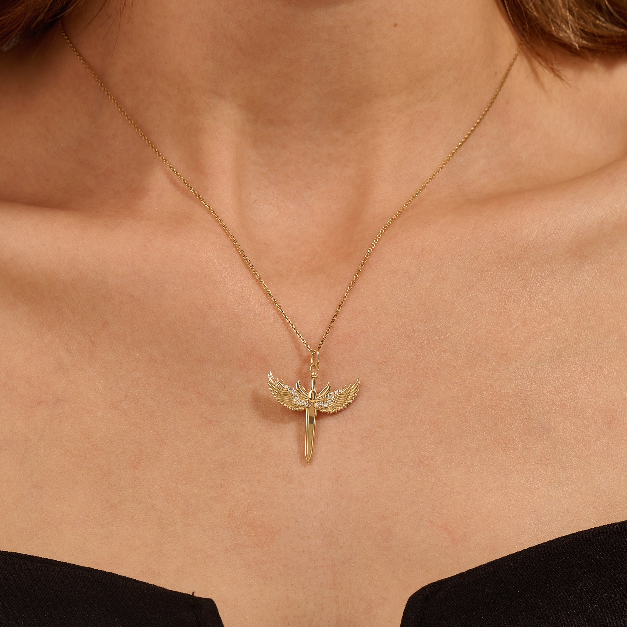 14k Solid Yellow Gold Angel Sword Necklace for Women