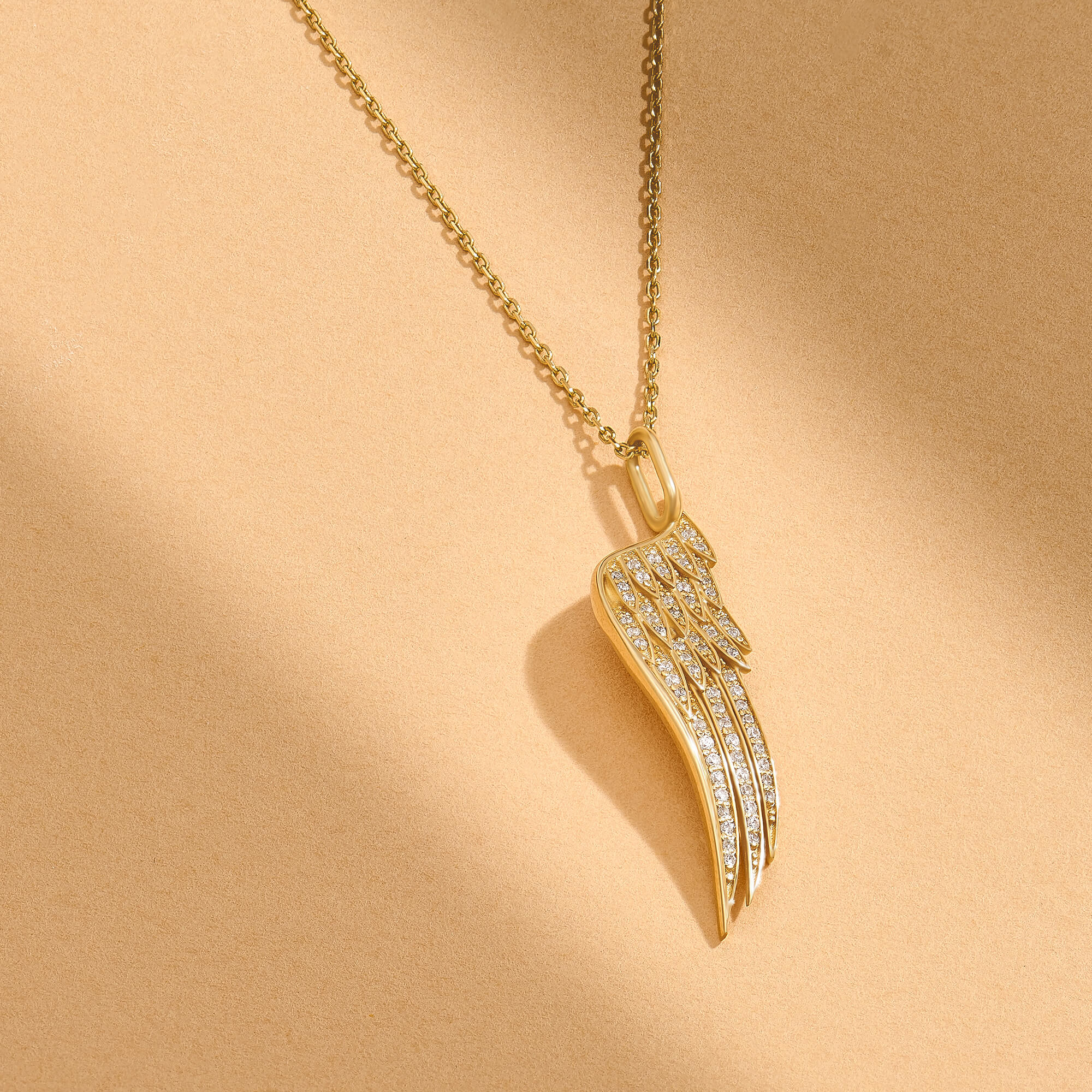 14K Real Gold Diamond Pave Angel Wing Necklace