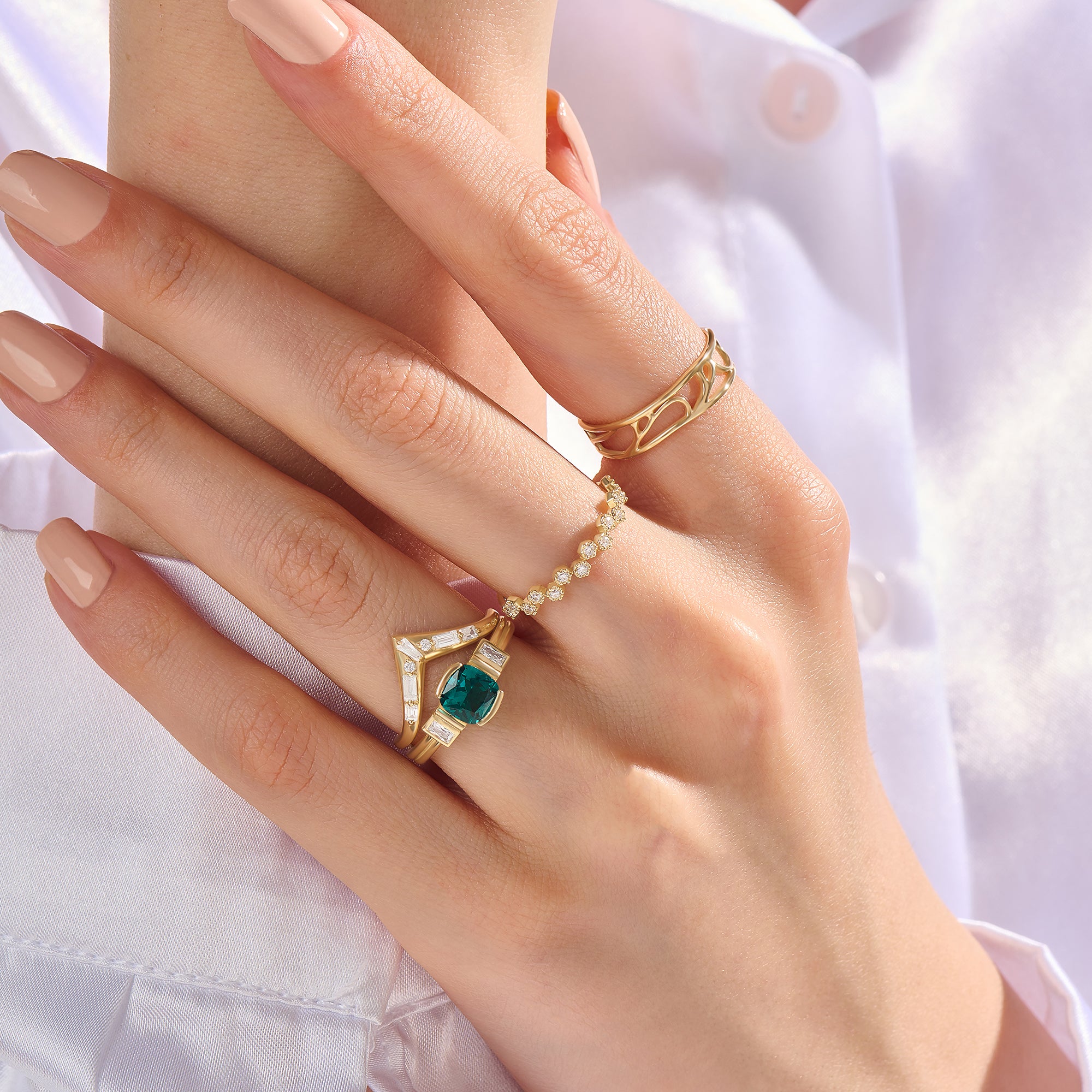 Art Deco Real 14K Gold Lab-Grown Arctic Green Ring