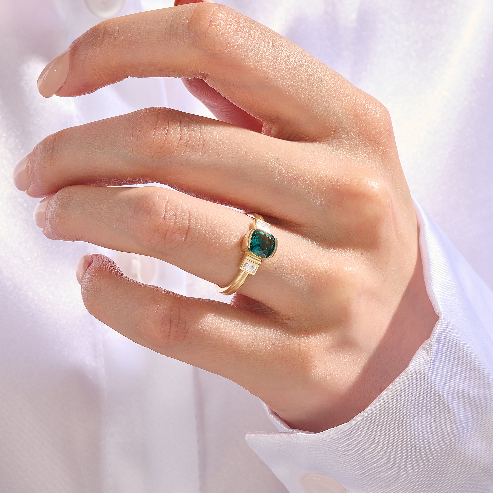 Cushion-Cut Green Engagement Ring in Real Gold