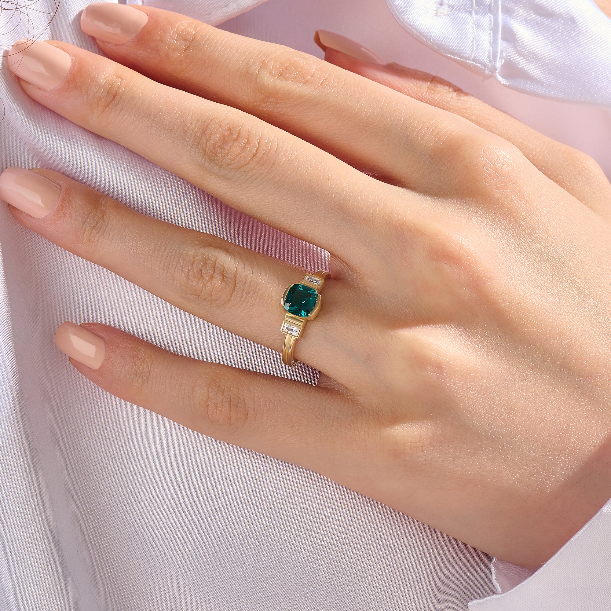 14K Solid Gold Art Deco Arctic Green Ring