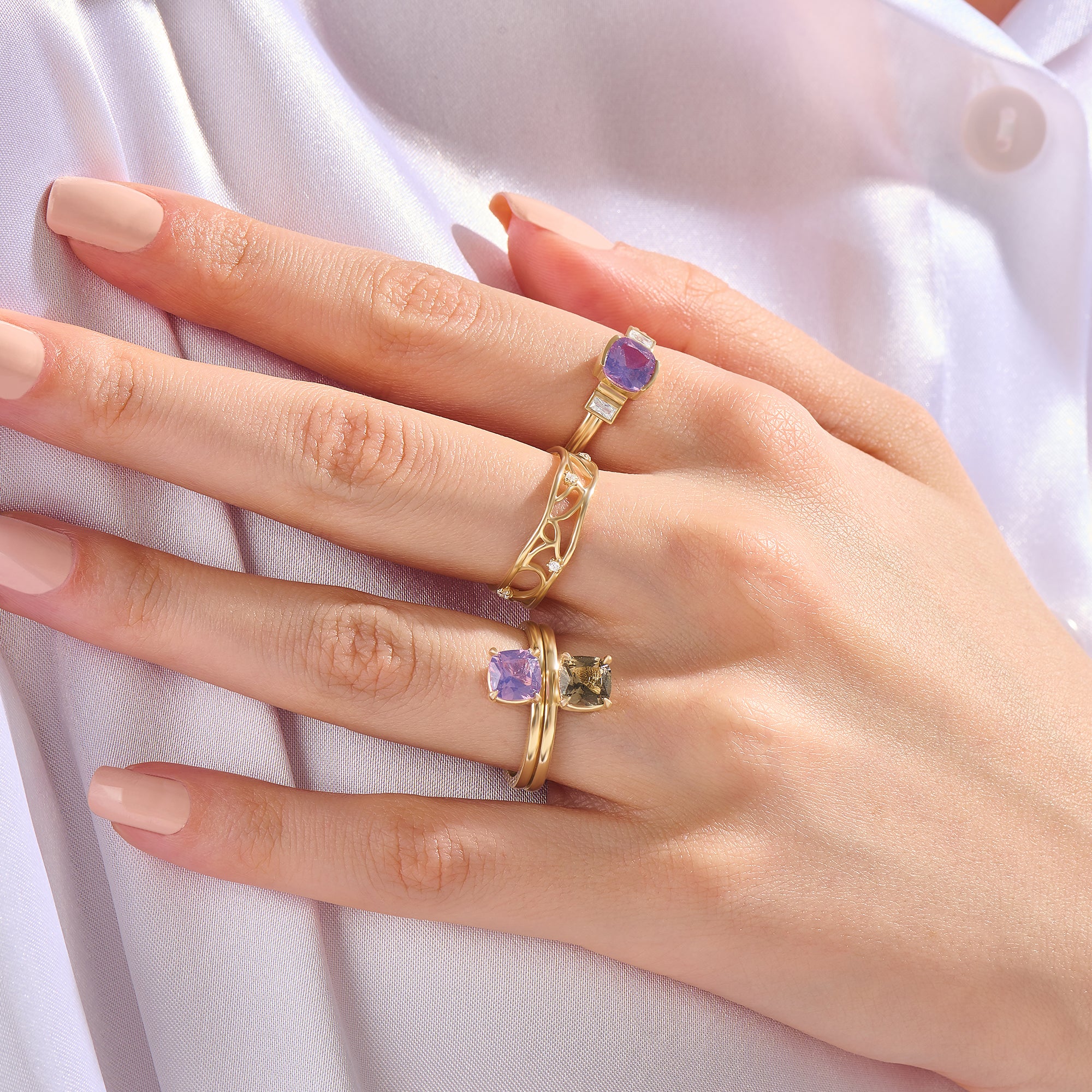 Solid 14K Gold Cushion-Cut Chalcedony Orchid Art Deco Engagement Ring