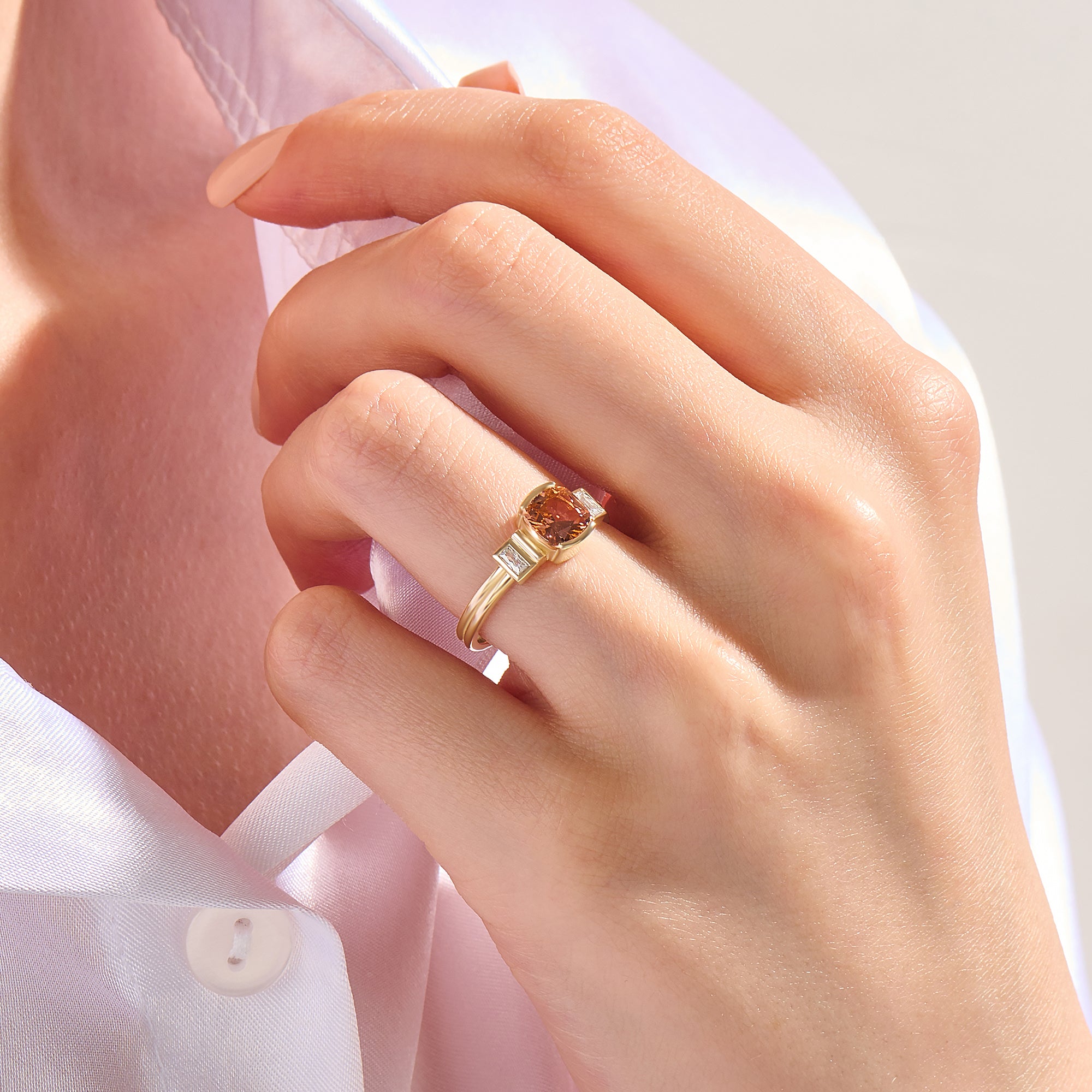 Art Deco Padparadscha Engagement Ring in 14K Solid Gold