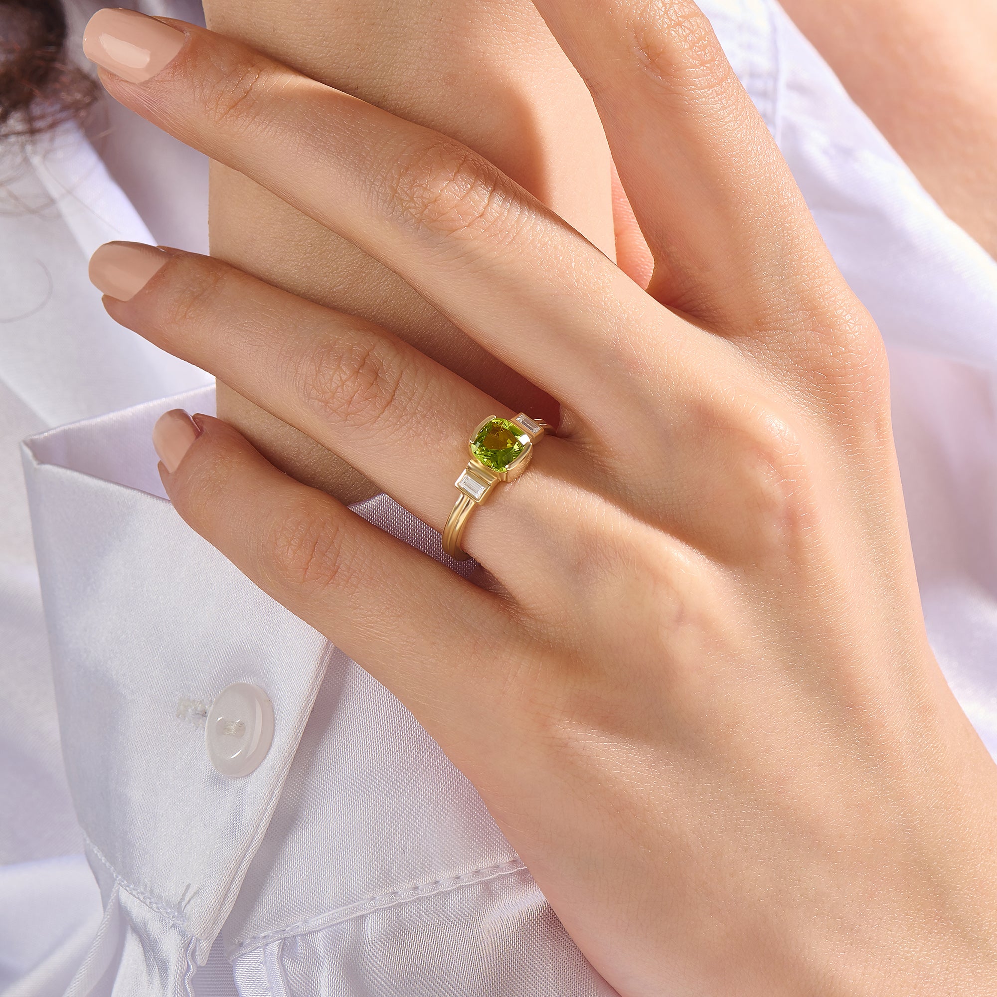 14K Solid Yellow Gold Art Deco Lab-Grown Peridot Ring