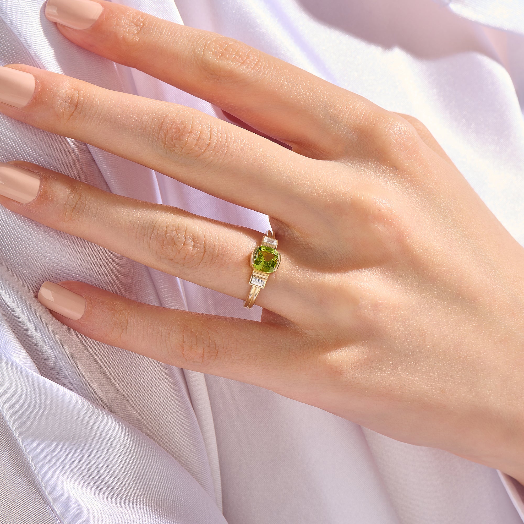 Real 14K Gold Cushion-Cut Peridot Art Deco Engagement Ring