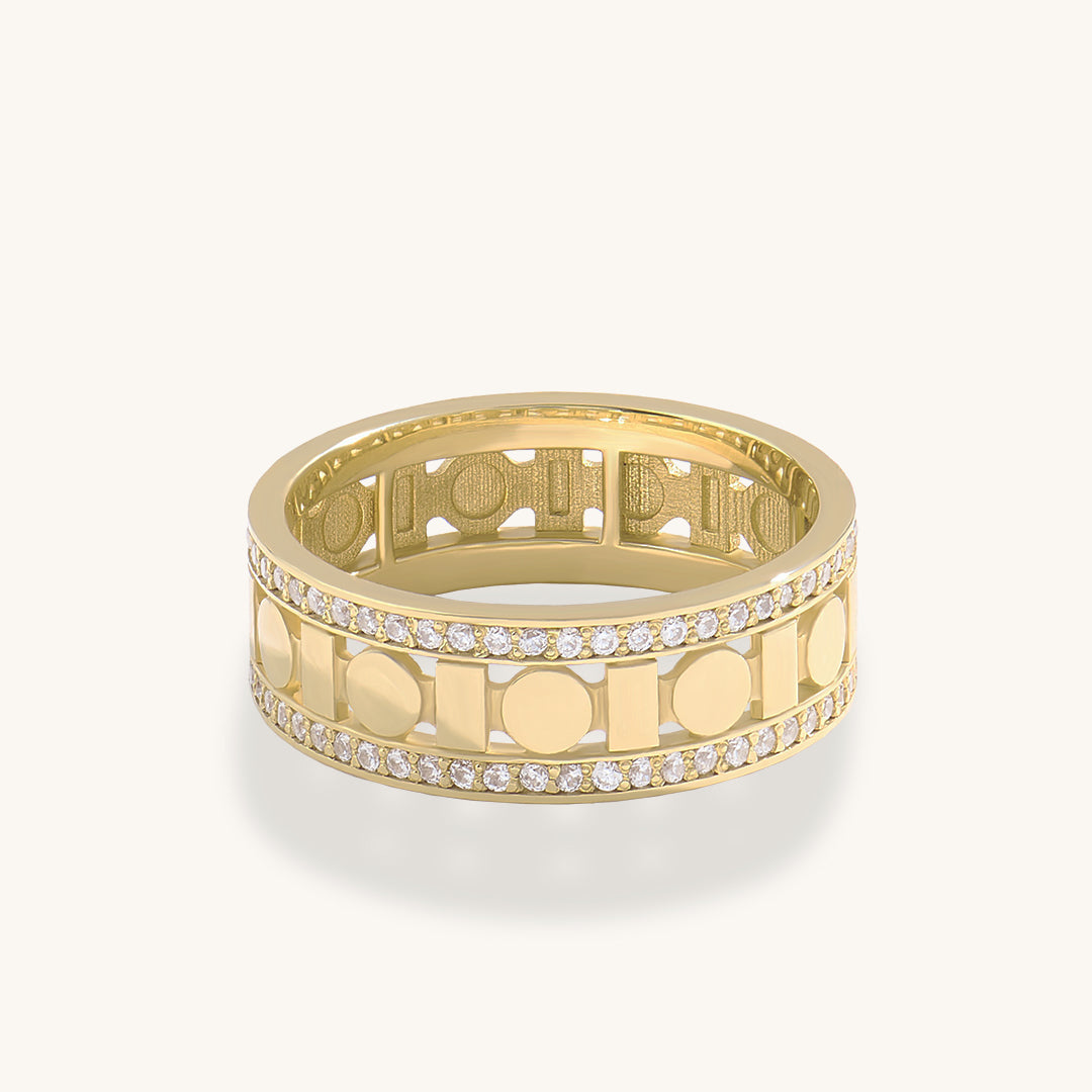 14K Real Gold Rectangle and Circle Band Ring Paved with CZ Diamonds
