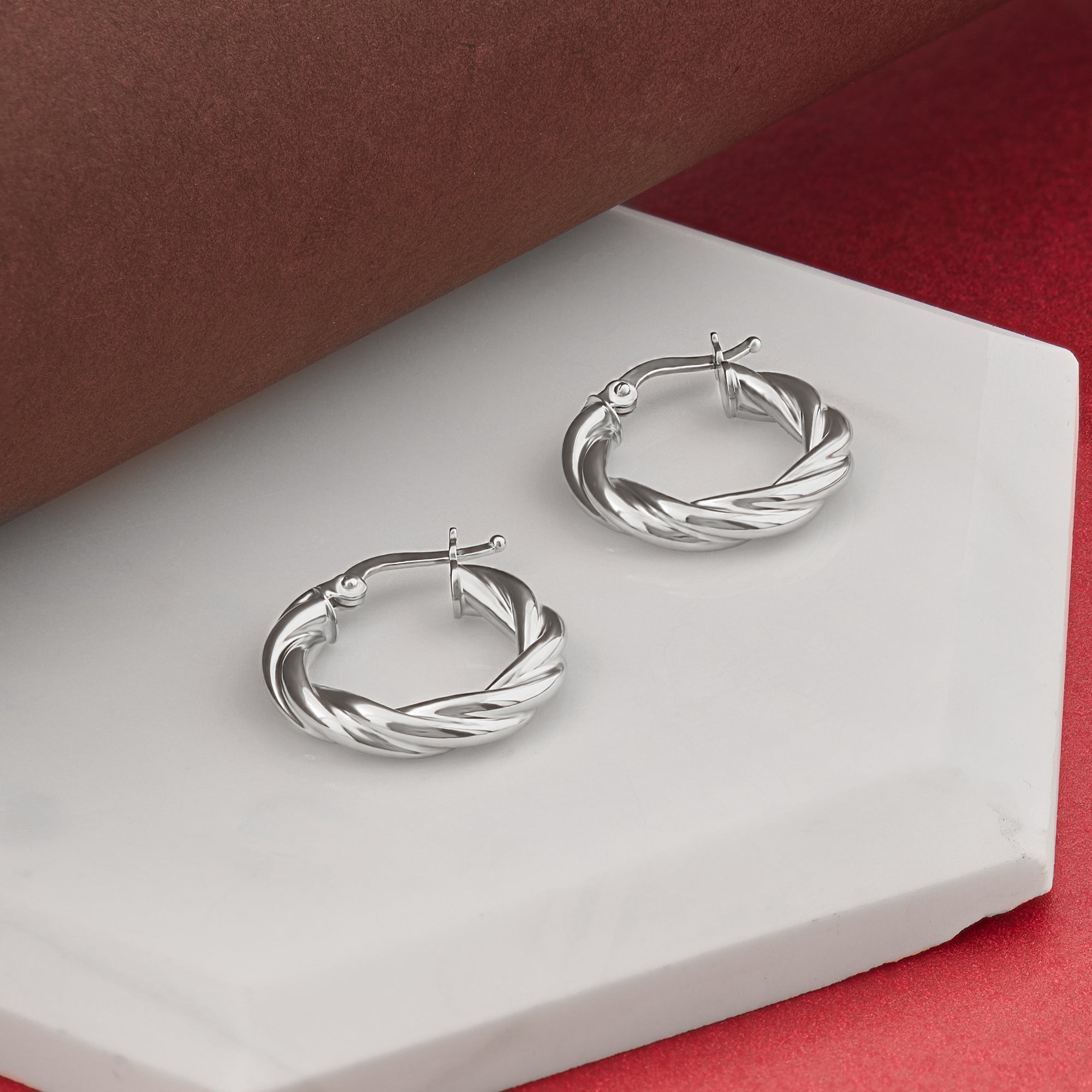 14k Real White Gold Auger Hoop Earrings
