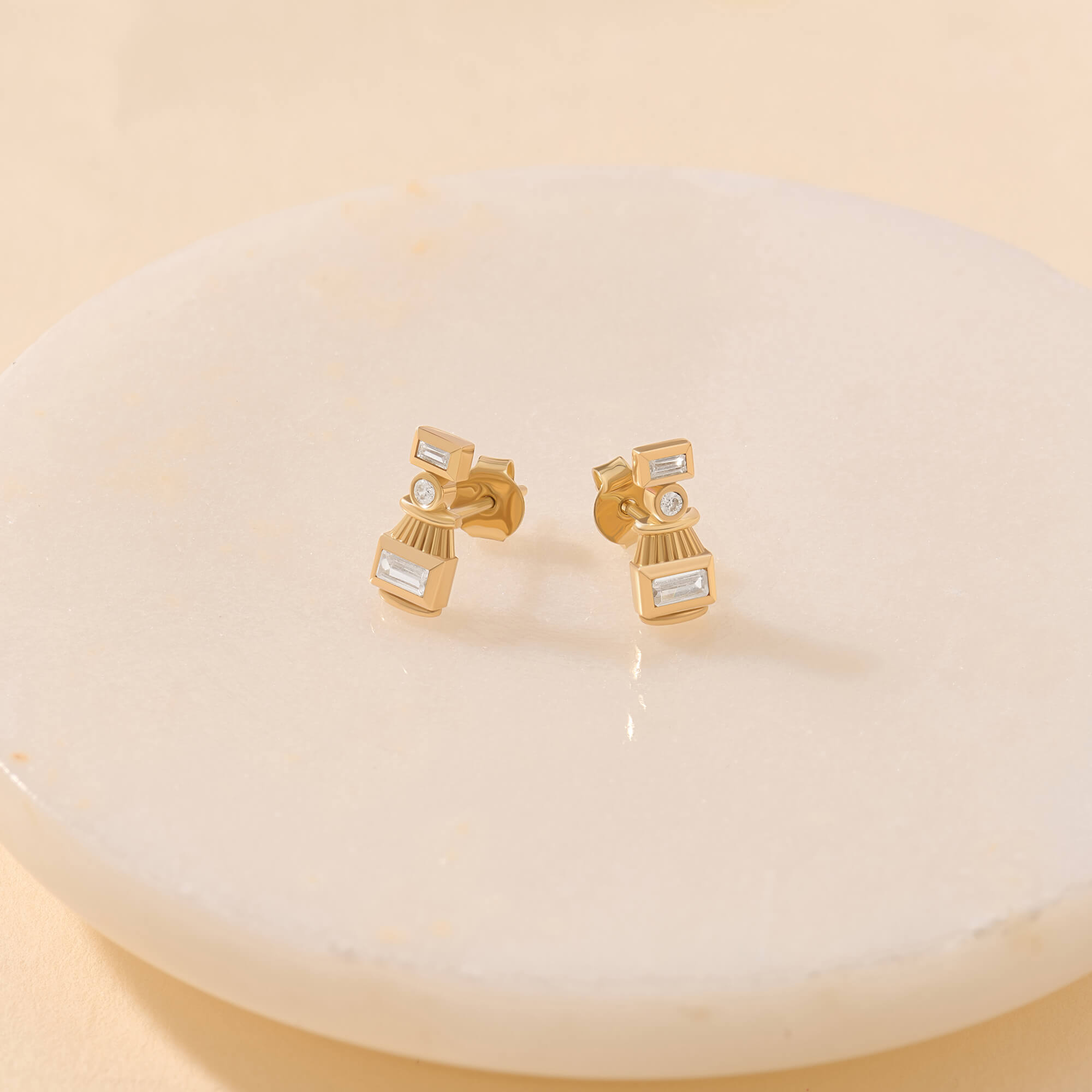 Solid Yellow Gold Art Deco Style Baguette Earrings