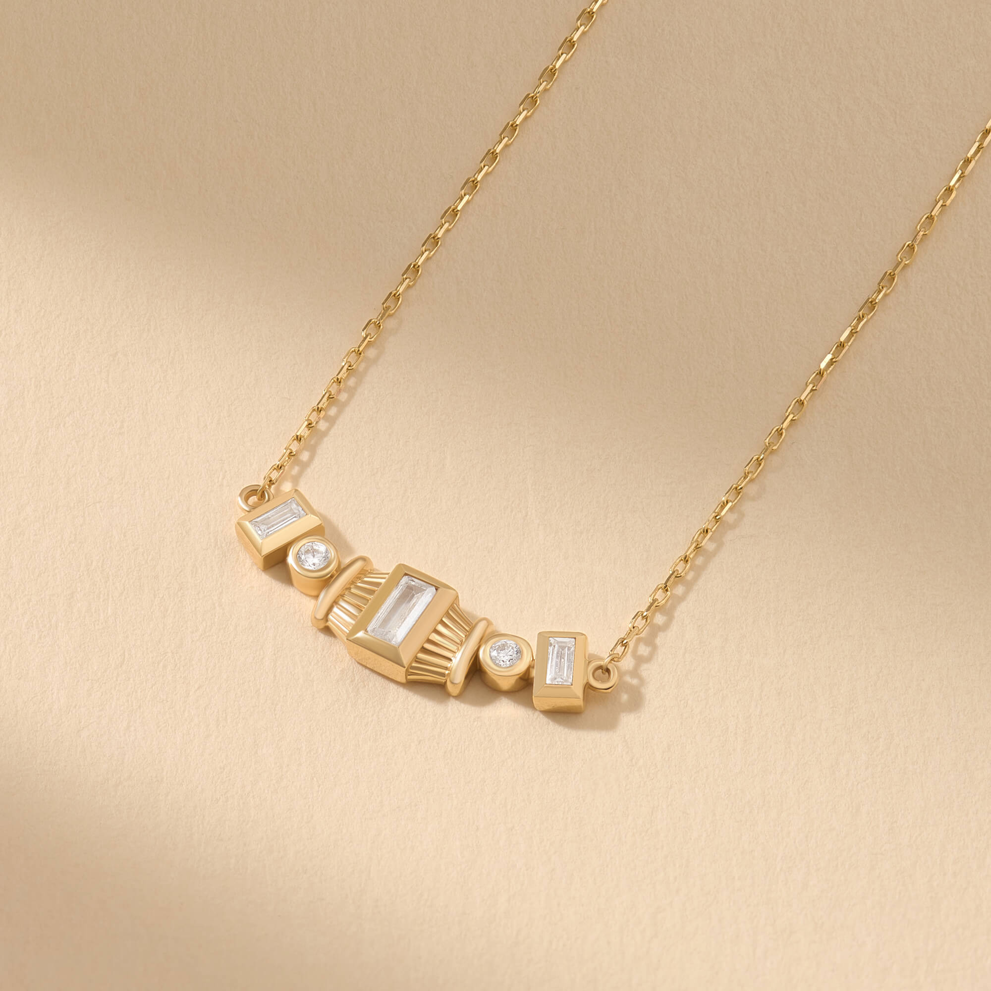 Solid Yellow Gold Baguette Art Deco Necklace