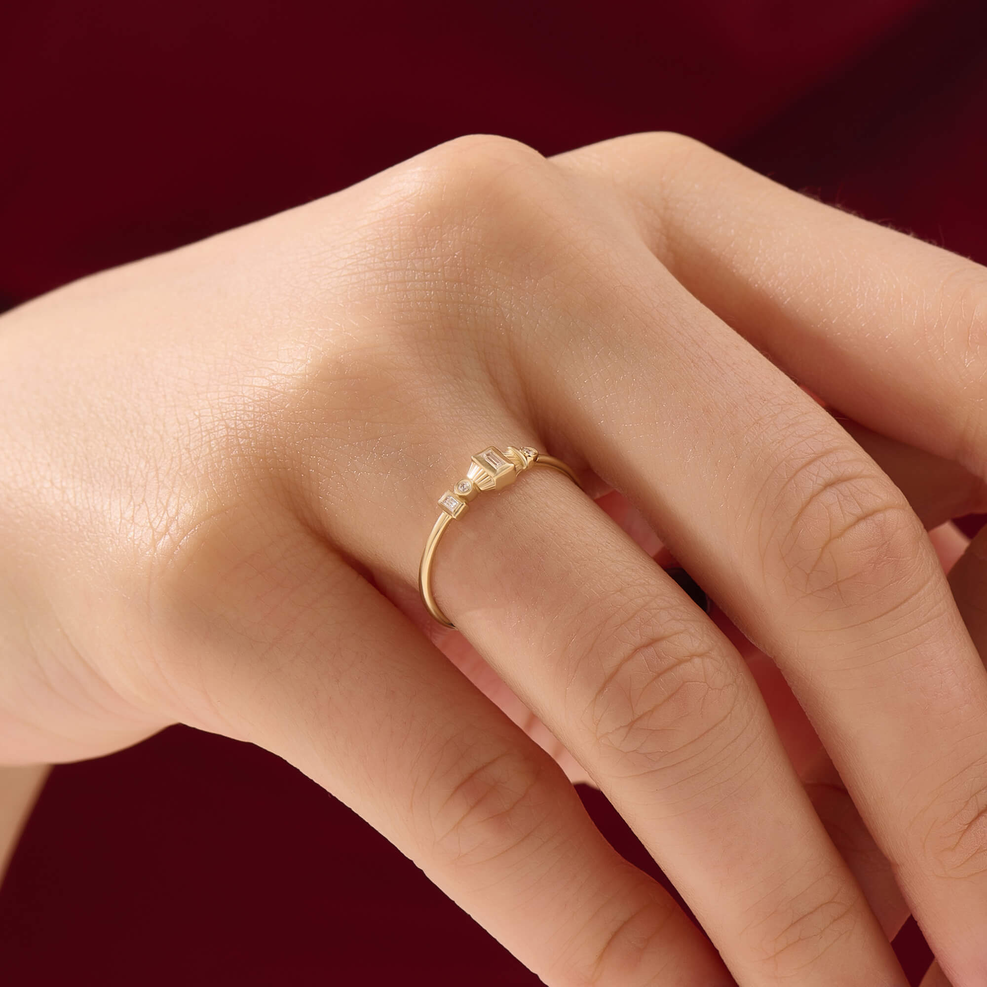 Women's Baguette Art Deco Stacking Ring in Yellow Gold