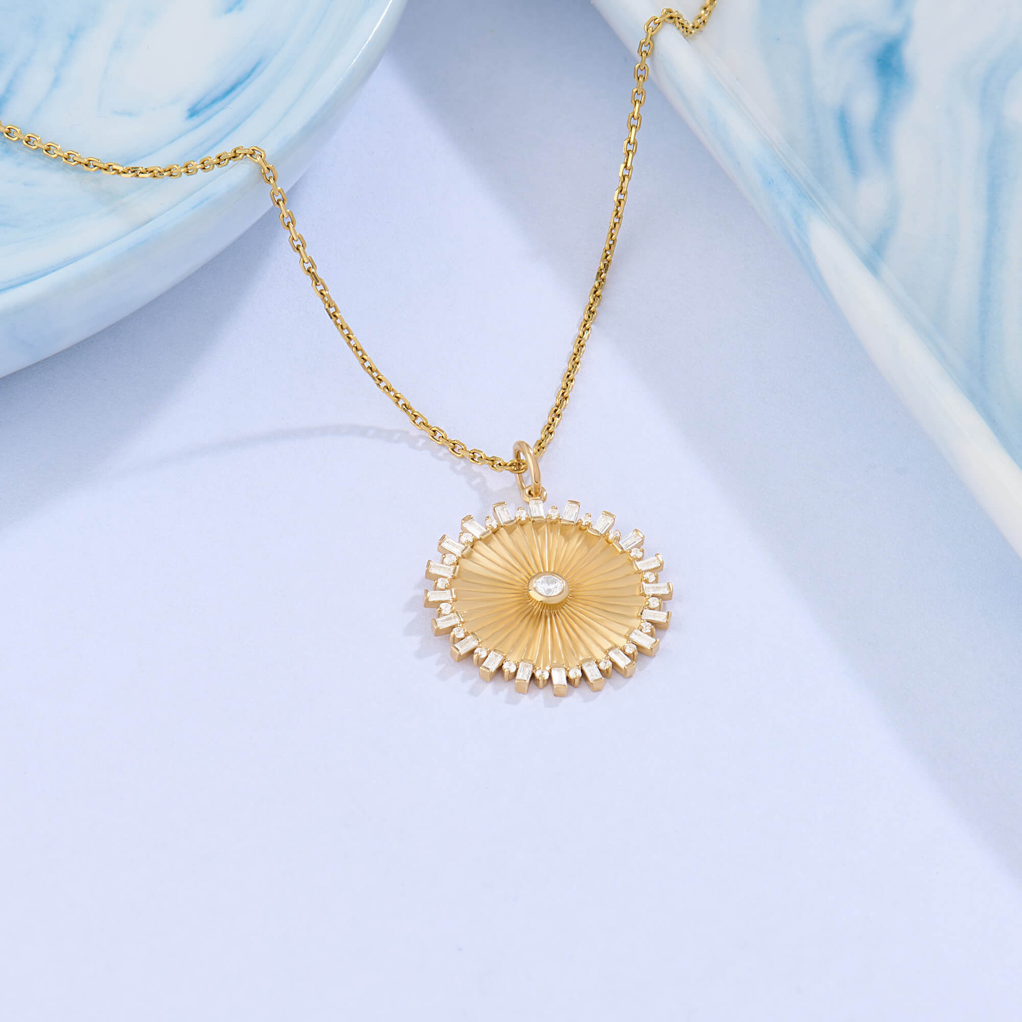 14K Solid Gold Baguette Pave Sun Coin Necklace