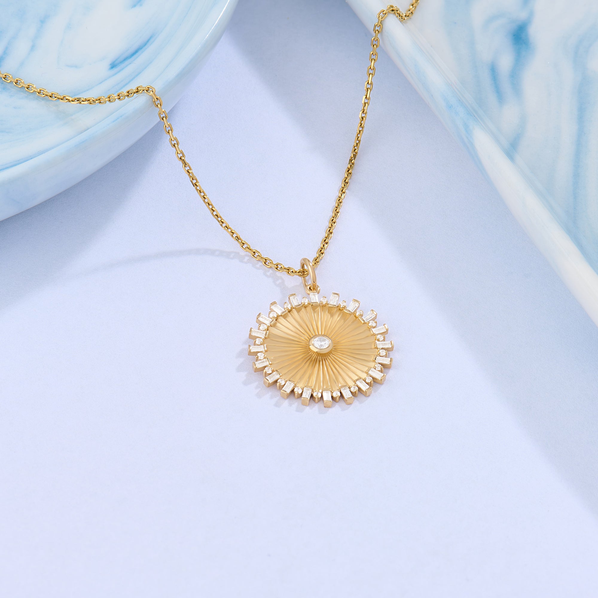 14K Solid Gold Baguette Pave Sun Coin Necklace
