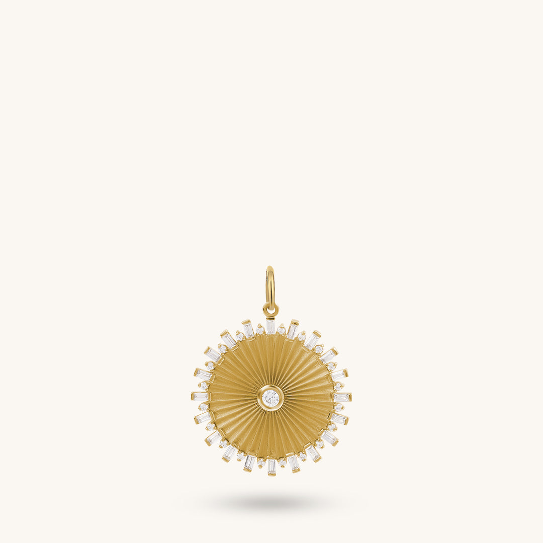 Baguette Pave Sun Coin Pendant in 14k Solid Gold
