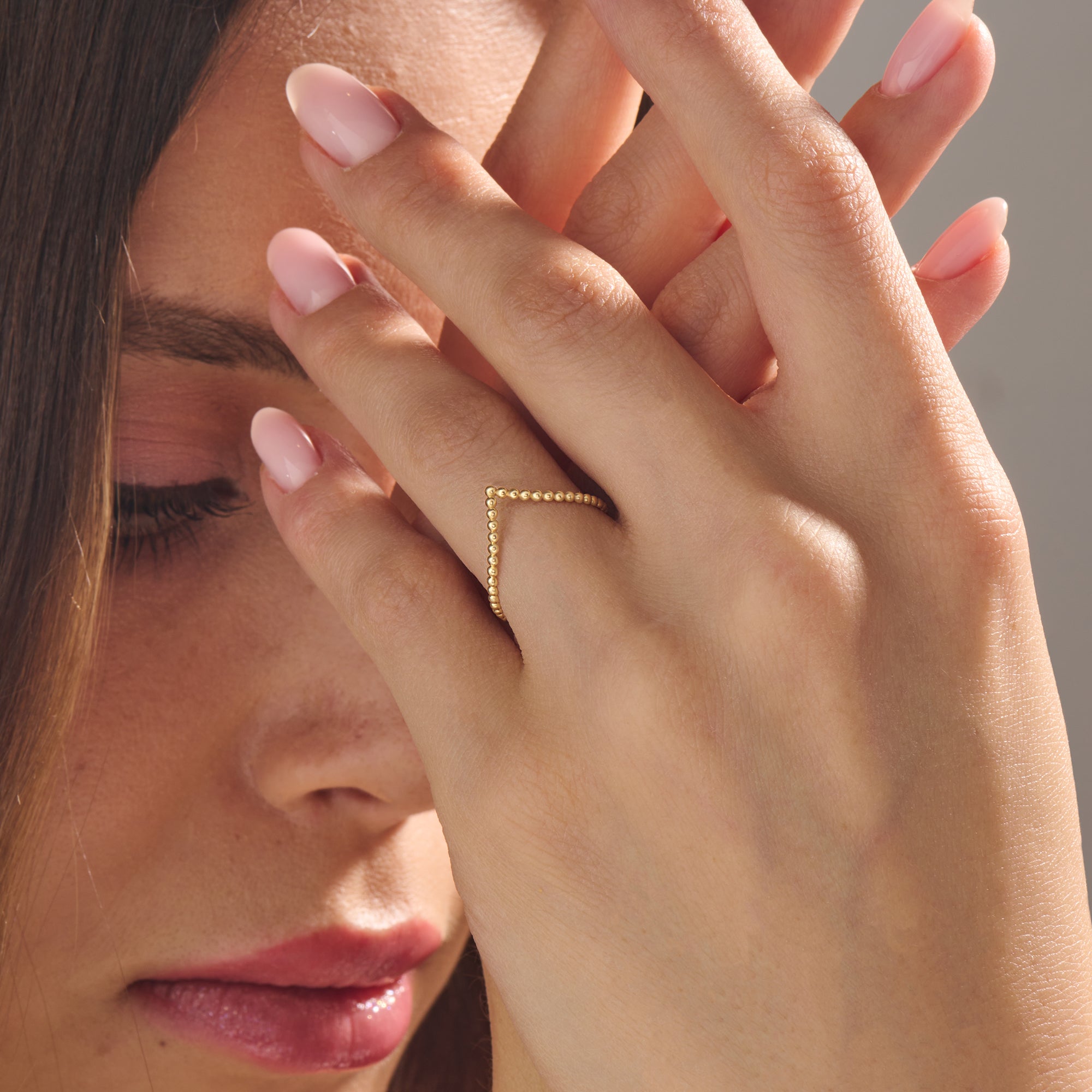 14K Solid Gold Beaded Wishbone Curve Stacking Ring