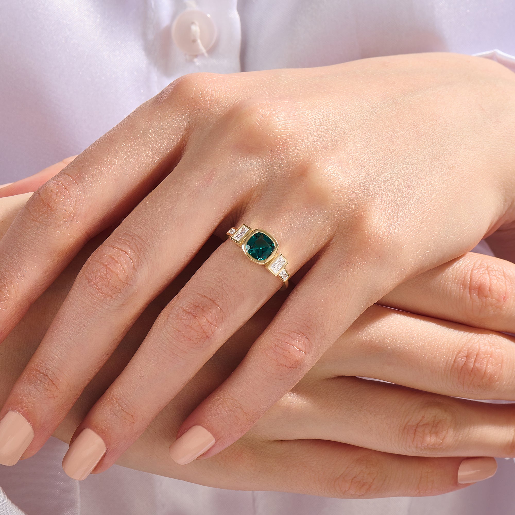 14K Real Gold Art Deco Cushion Engagement Ring - Arctic Green