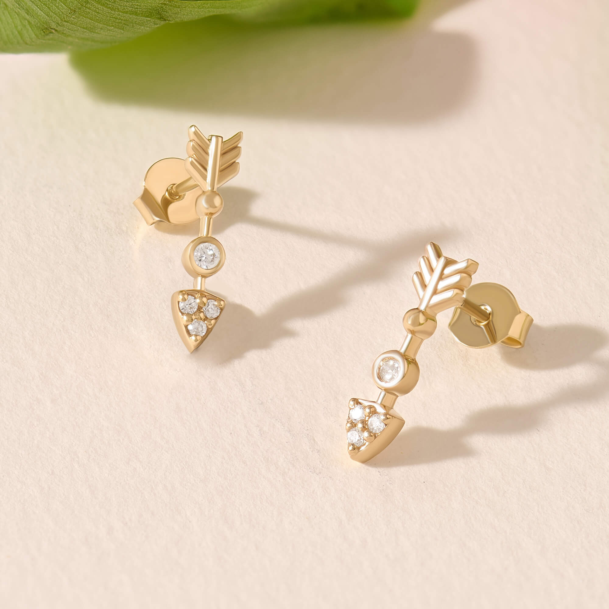 Solid Yellow Gold Bezel Stone Arrow Design Earrings