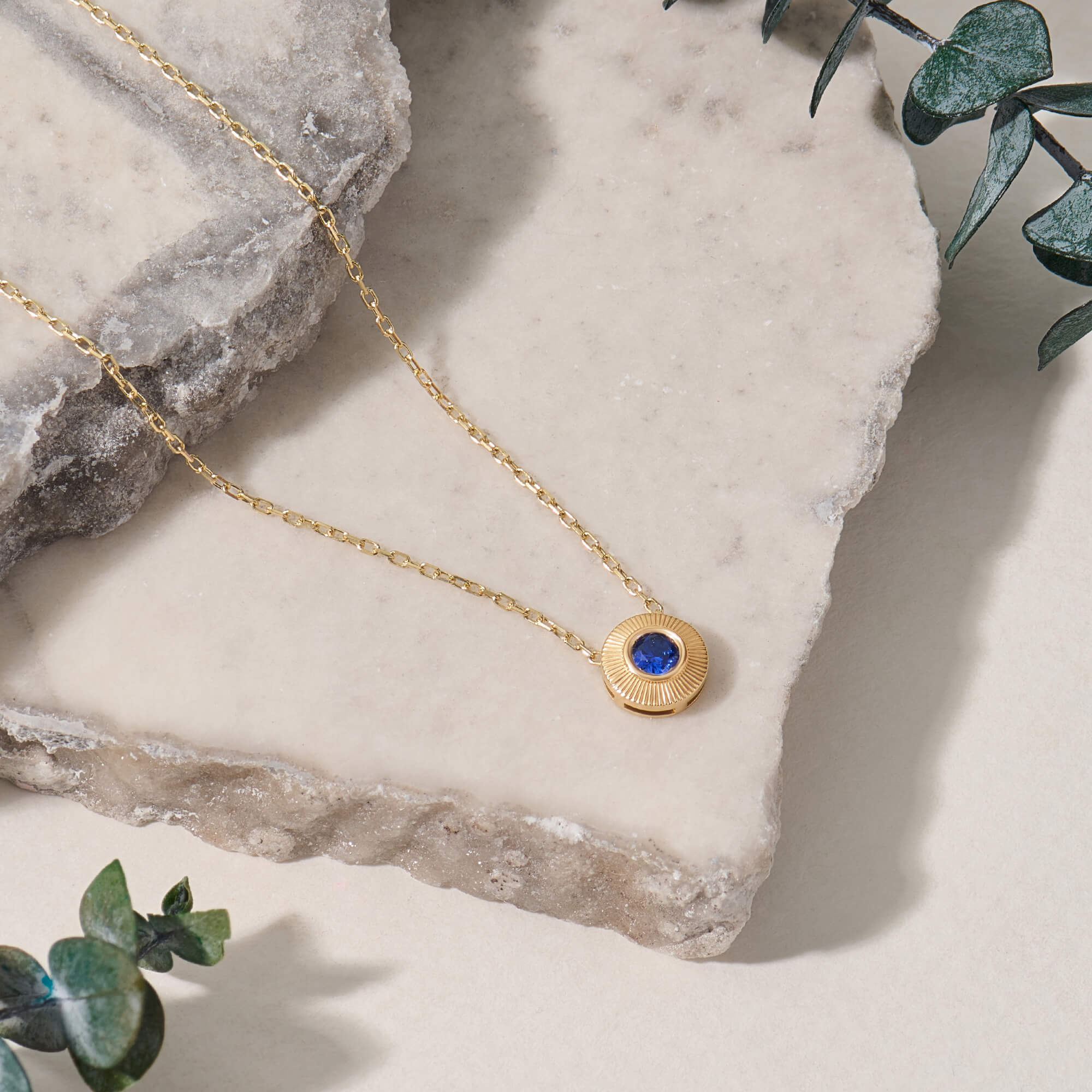 Bezel Necklace in 14K Real Yellow Gold with Sapphire